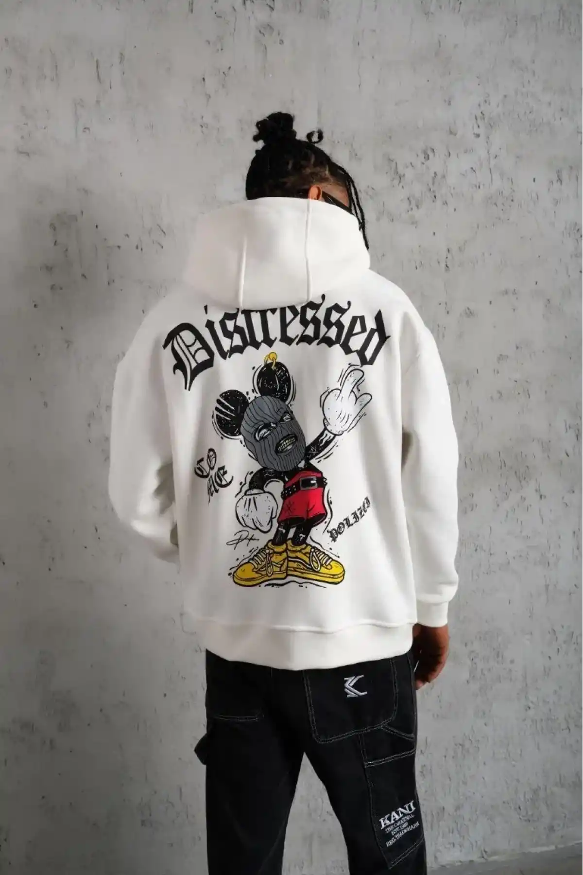 Erkek 3 İplik Pamuklu Kapüşonlu Baskılı Cepli Oversize Sweatshirt Hoodie - Beyaz