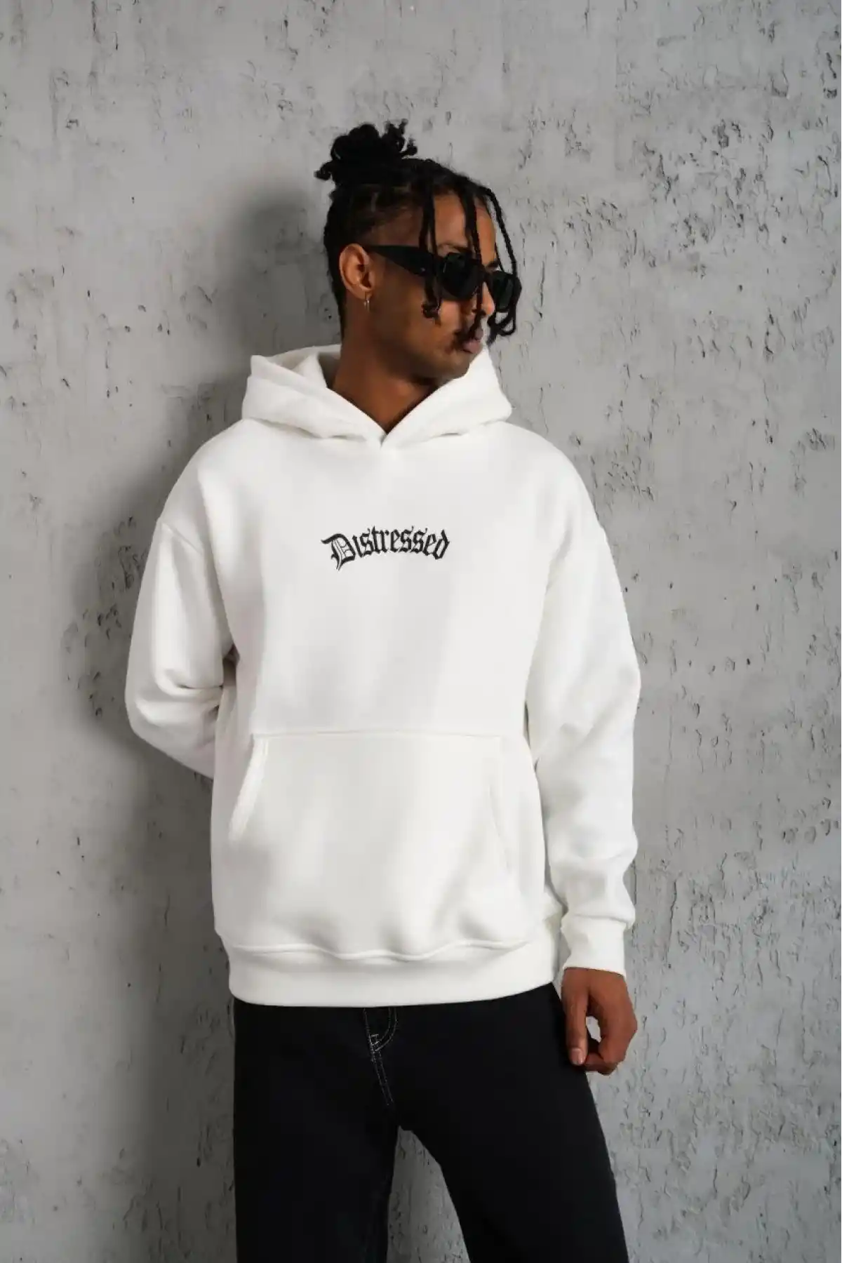 Erkek 3 İplik Pamuklu Kapüşonlu Baskılı Cepli Oversize Sweatshirt Hoodie - Beyaz