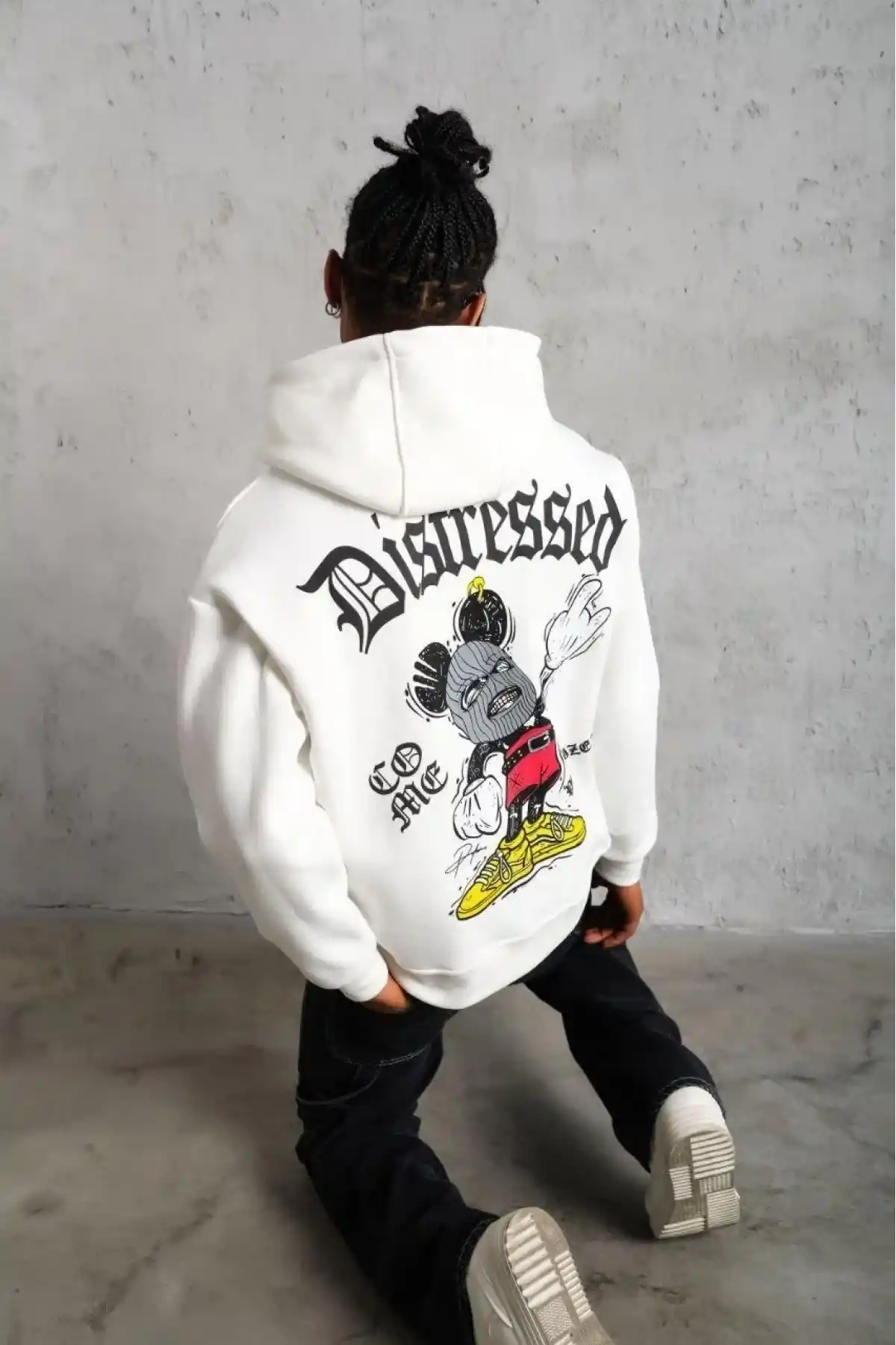 Erkek 3 İplik Pamuklu Kapüşonlu Baskılı Cepli Oversize Sweatshirt Hoodie - Beyaz