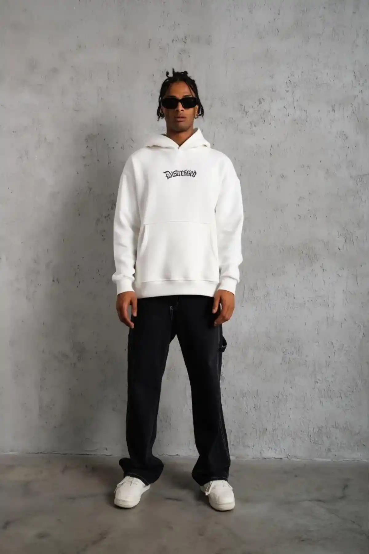 Erkek 3 İplik Pamuklu Kapüşonlu Baskılı Cepli Oversize Sweatshirt Hoodie - Beyaz