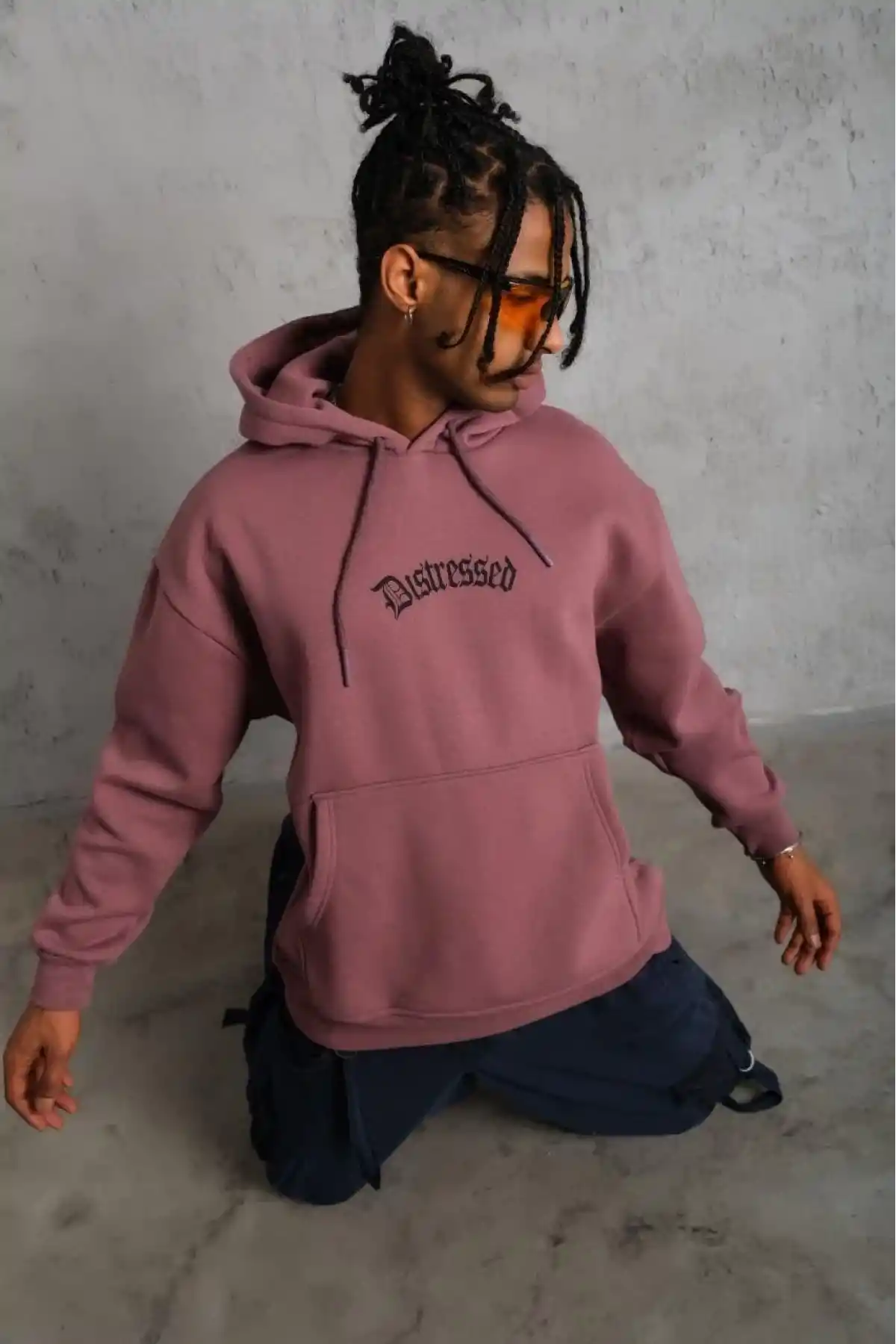 Erkek Üç İplik Baskılı Kapüşonlu Sweat - Gül Kurusu