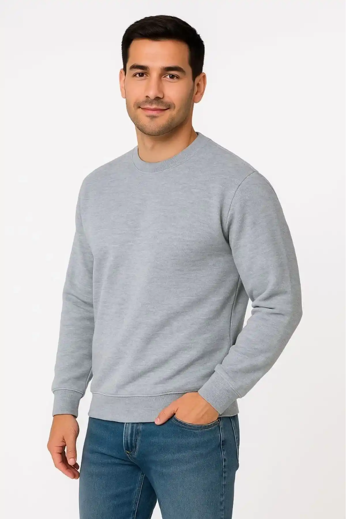 Erkek Üç İplik Düz Bisiklet Yaka SweatShirt - Gri