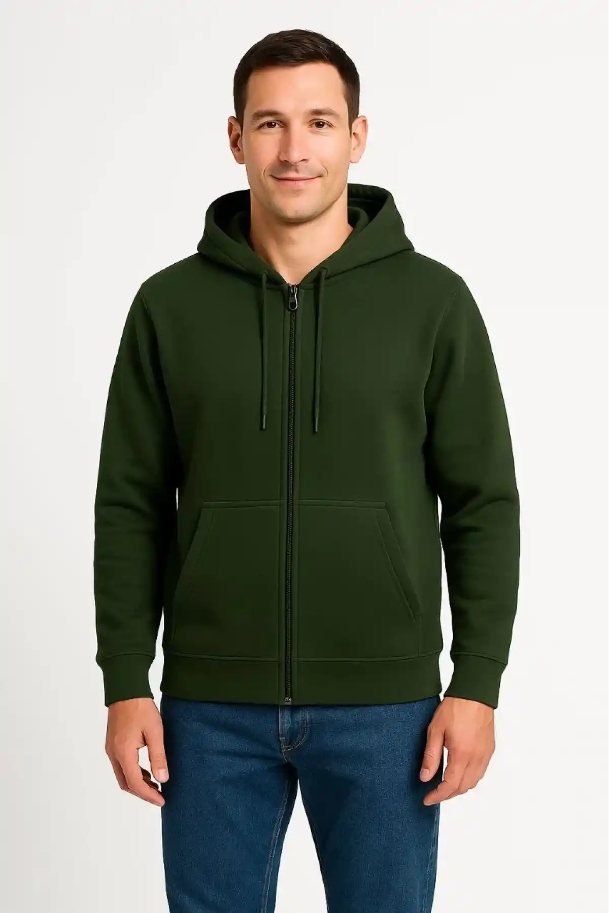 Erkek Üç İplik Kapüşonlu Tam Fermuarlı Kanguru Cepli Sweatshirt Hoodie - Haki