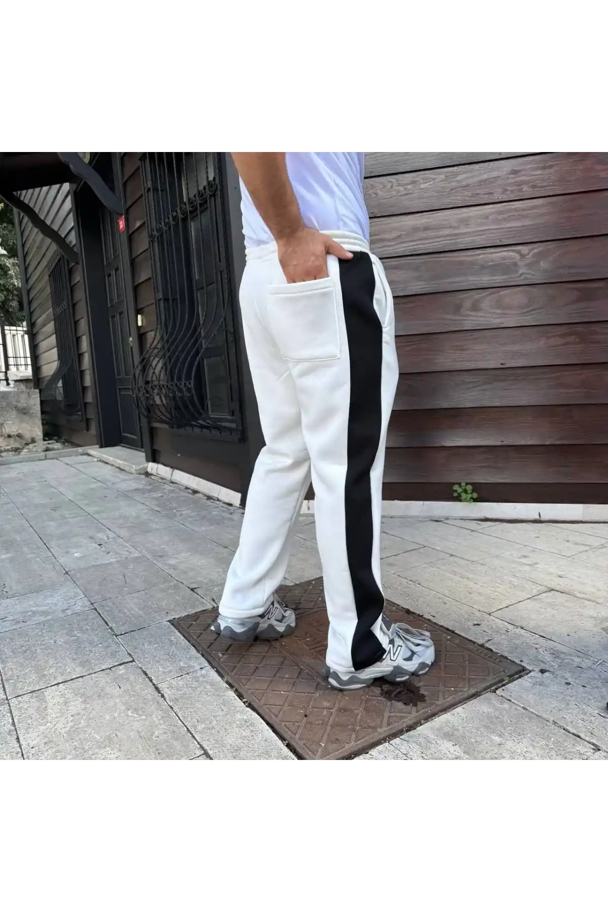 Erkek Üç İplik Kışlık Pamuklu Yandan Garneli Kalın Şeritli Cepli Eşofman Altı - Beyaz