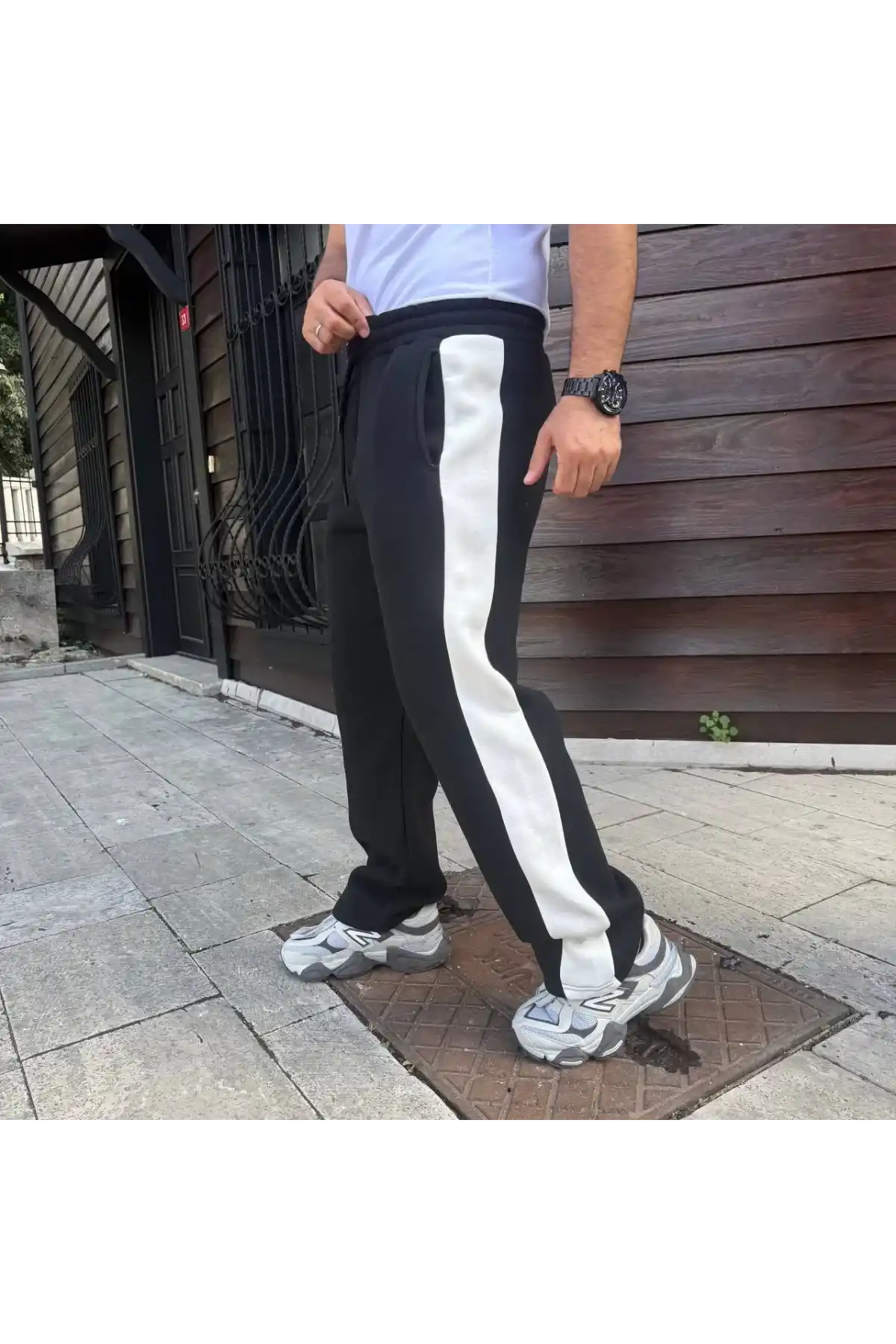 Erkek Üç İplik Kışlık Pamuklu Yandan Garneli Kalın Şeritli Cepli Eşofman Altı - Siyah