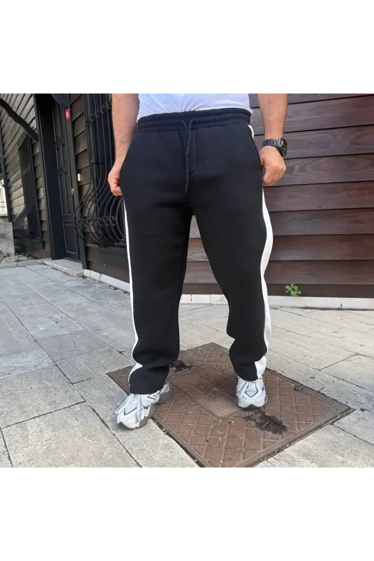 Erkek Üç İplik Kışlık Pamuklu Yandan Garneli Kalın Şeritli Cepli Eşofman Altı - Siyah