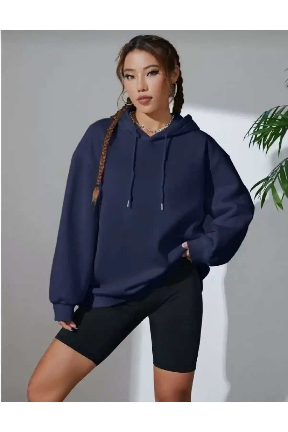 Kadın Uzun Kol Kapşonlu Basic Sweatshirt hoodie - Lacivert