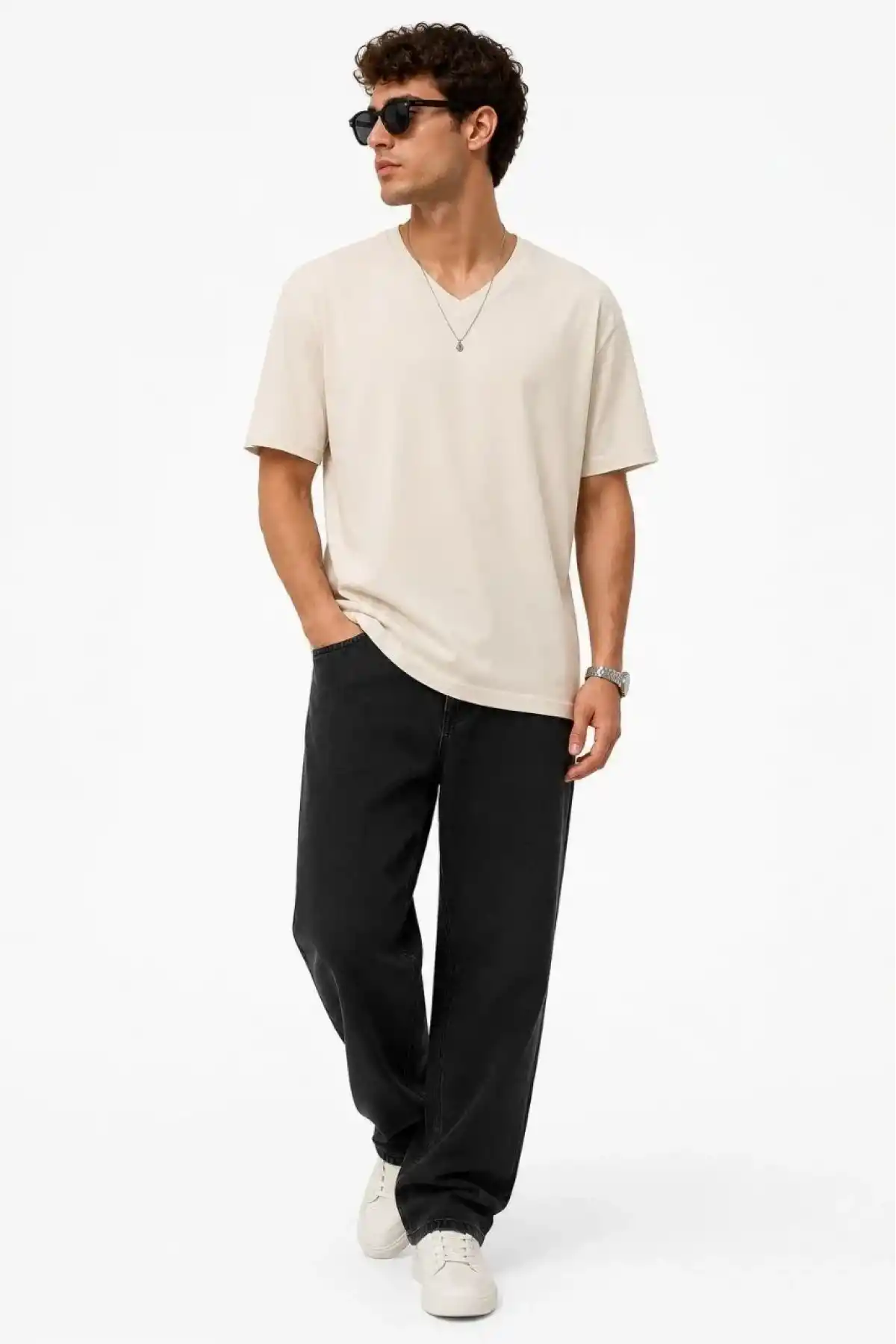 Erkek V Yaka Basic Tişört Kısa Kol Yazlık Regular Fit T-Shirt - Bej