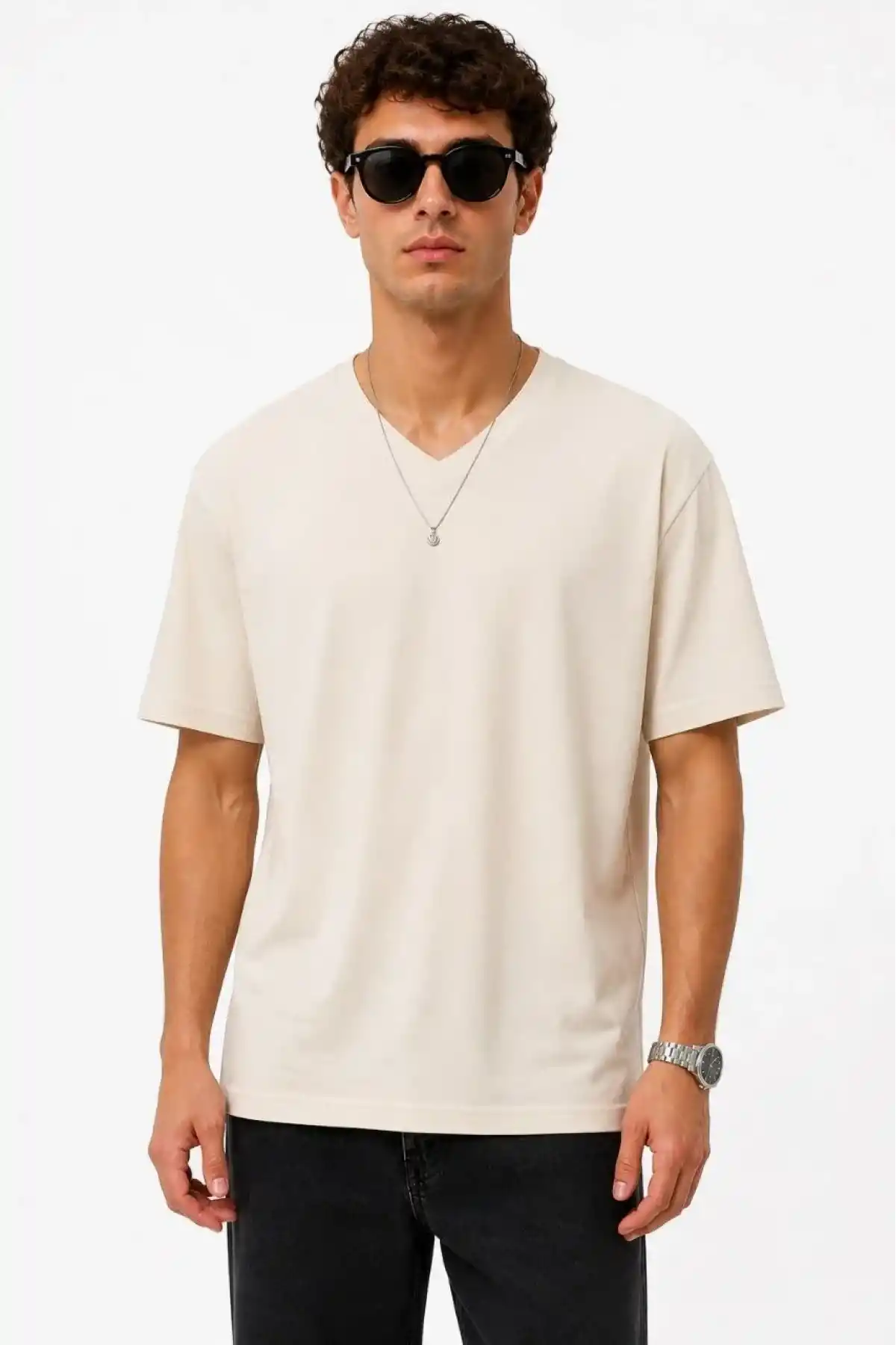 Erkek V Yaka Basic Tişört Kısa Kol Yazlık Regular Fit T-Shirt - Bej