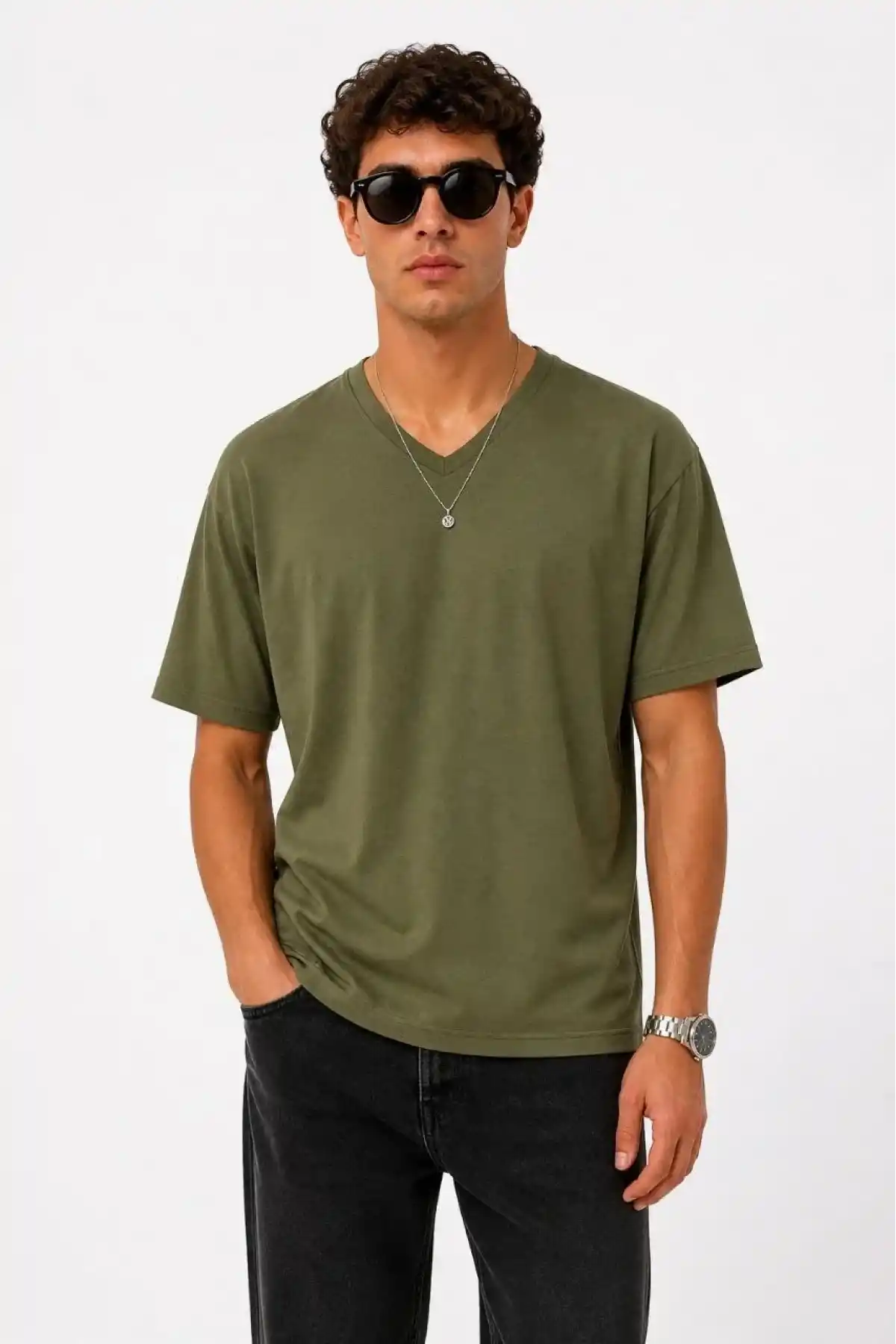 Erkek V Yaka Basic Tişört Kısa Kol Yazlık Regular Fit T-Shirt - Haki