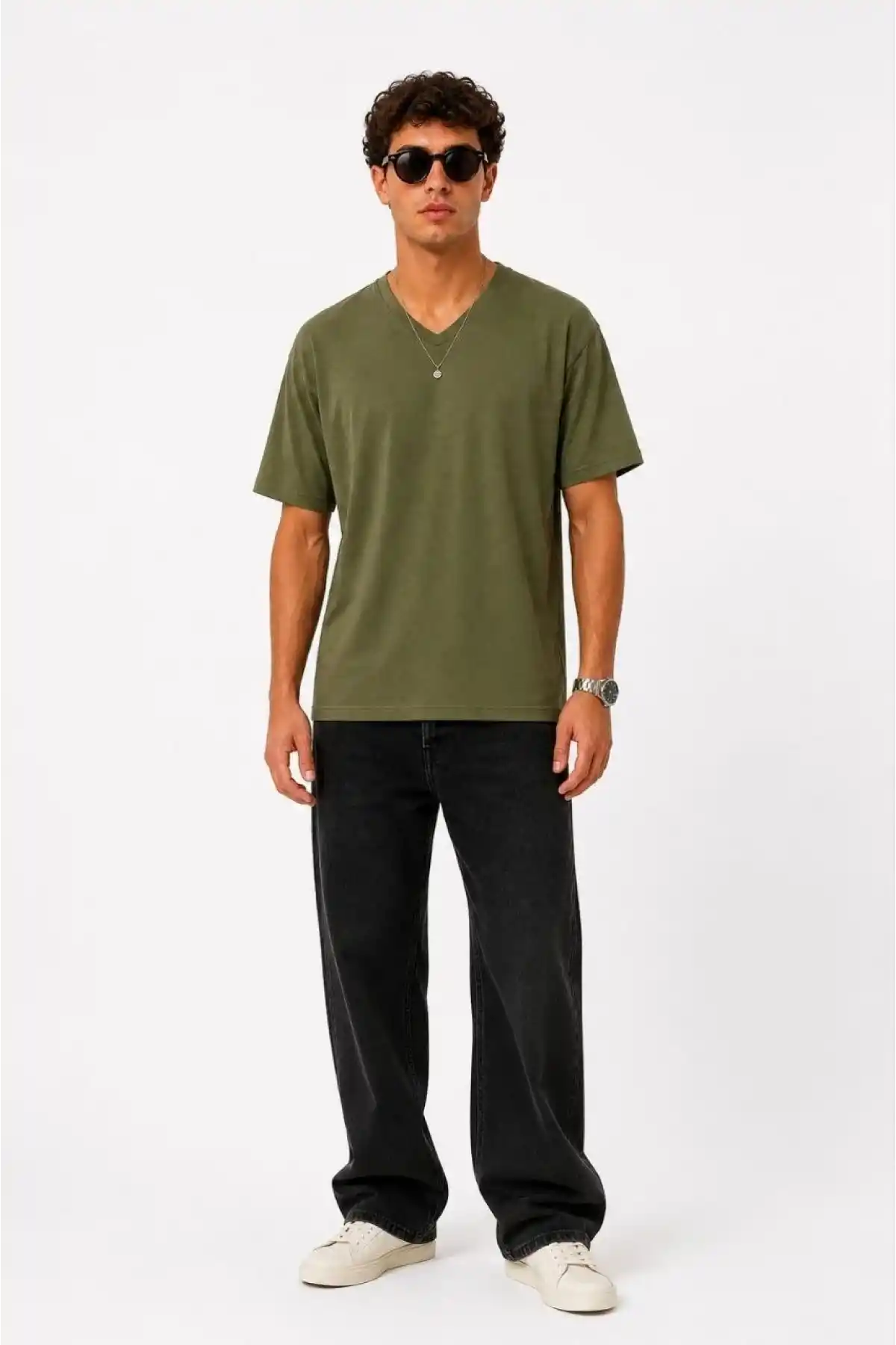 Erkek V Yaka Basic Tişört Kısa Kol Yazlık Regular Fit T-Shirt - Haki