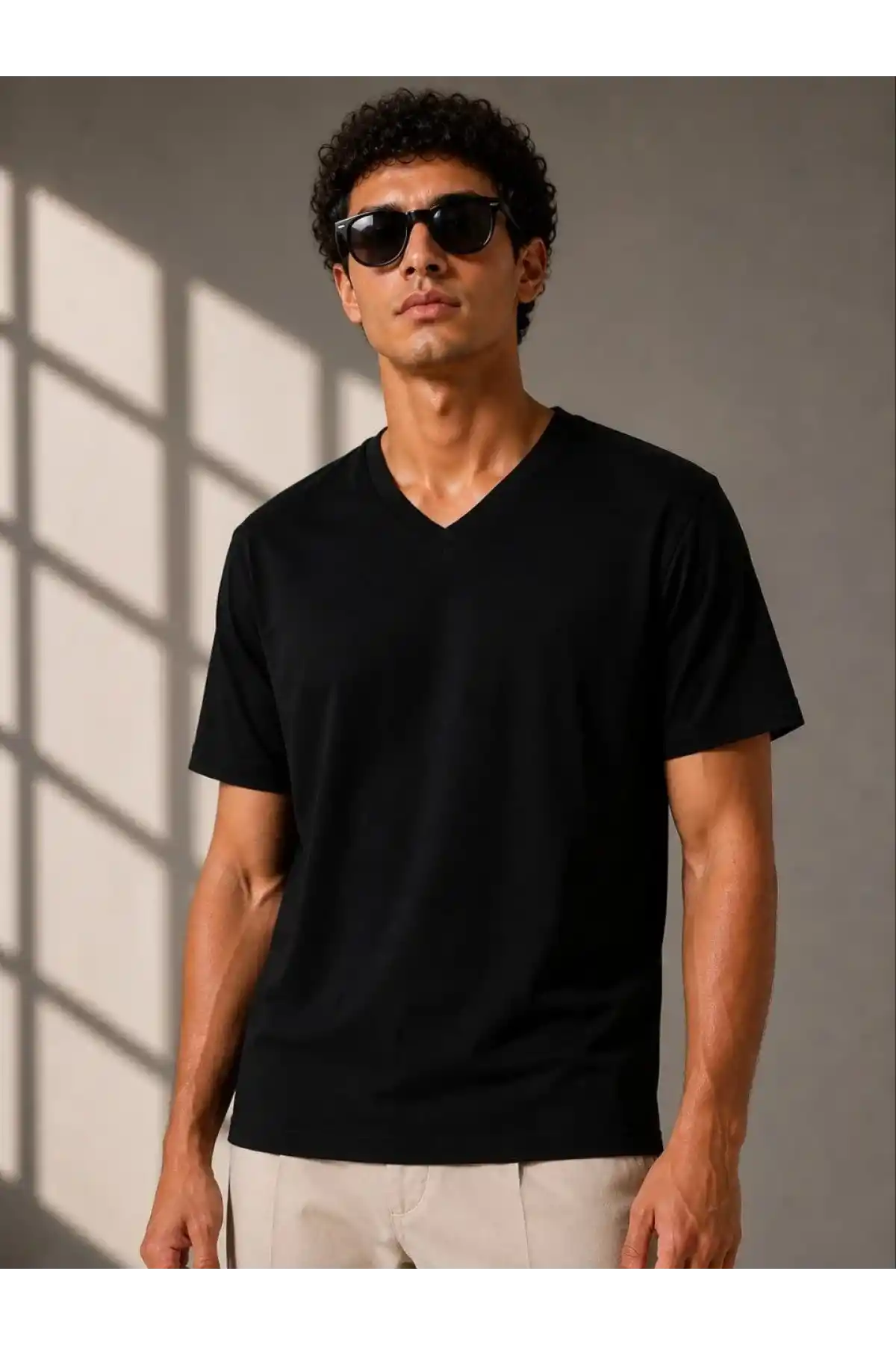 Erkek V Yaka Basic Tişört Kısa Kol Yazlık Regular Fit T-Shirt - Siyah