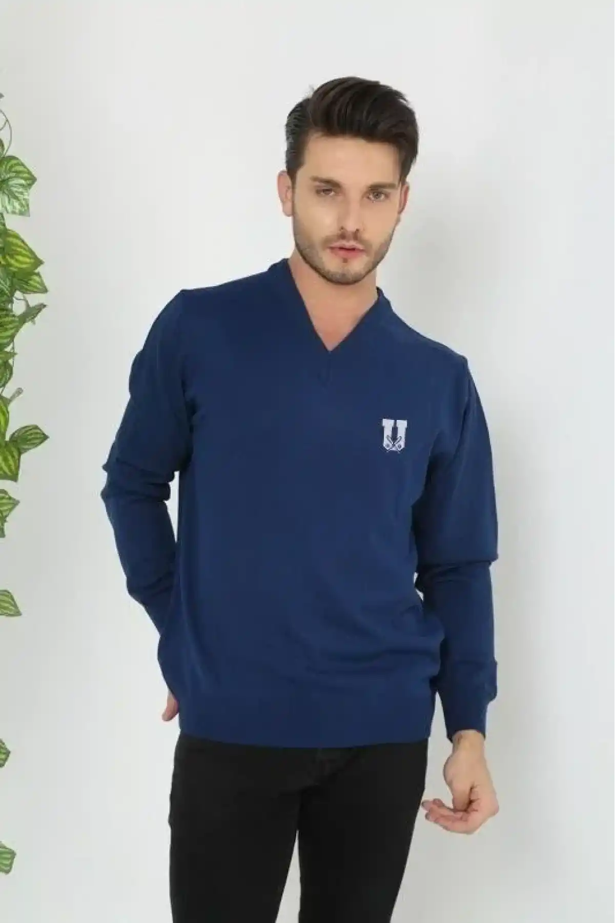 Erkek V Yaka Kazak Baskılı Dokuma Triko - Indigo