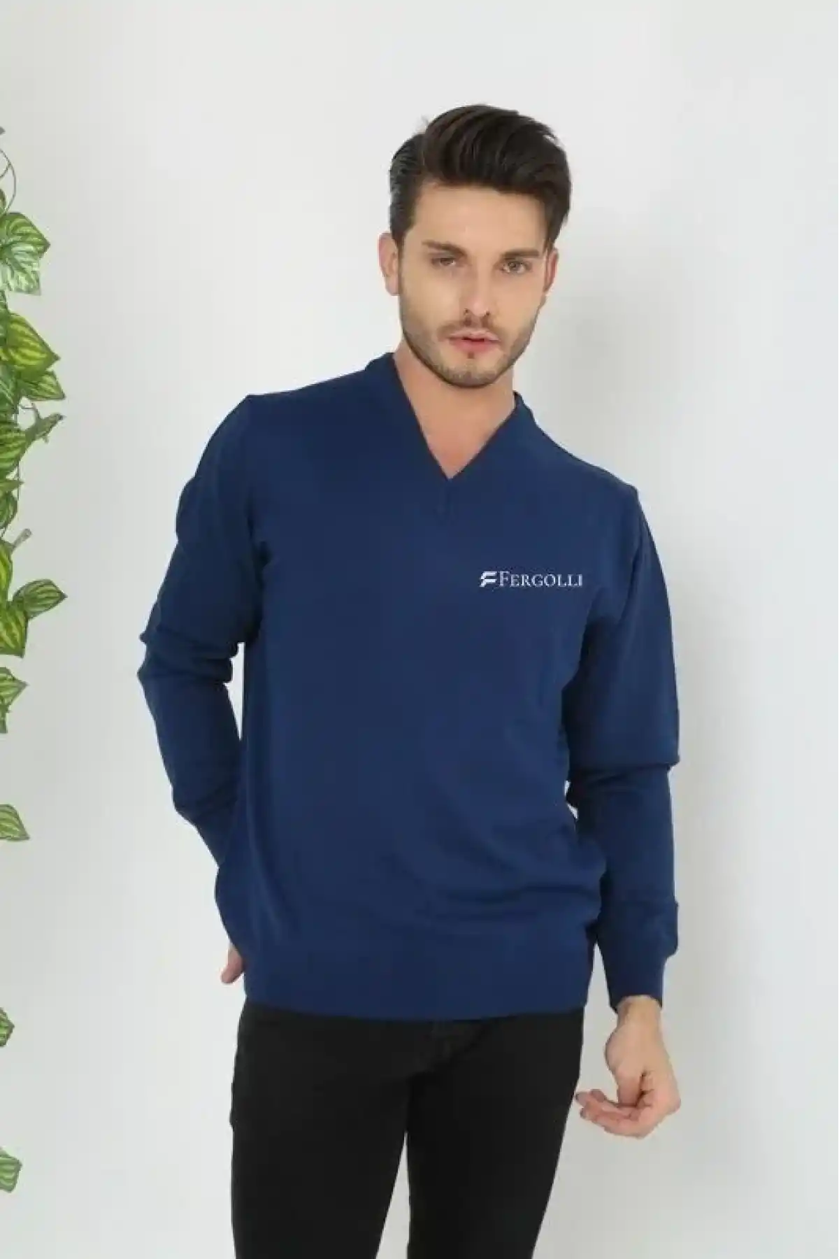 Erkek V Yaka Kazak Baskılı Dokuma Triko - İndigo