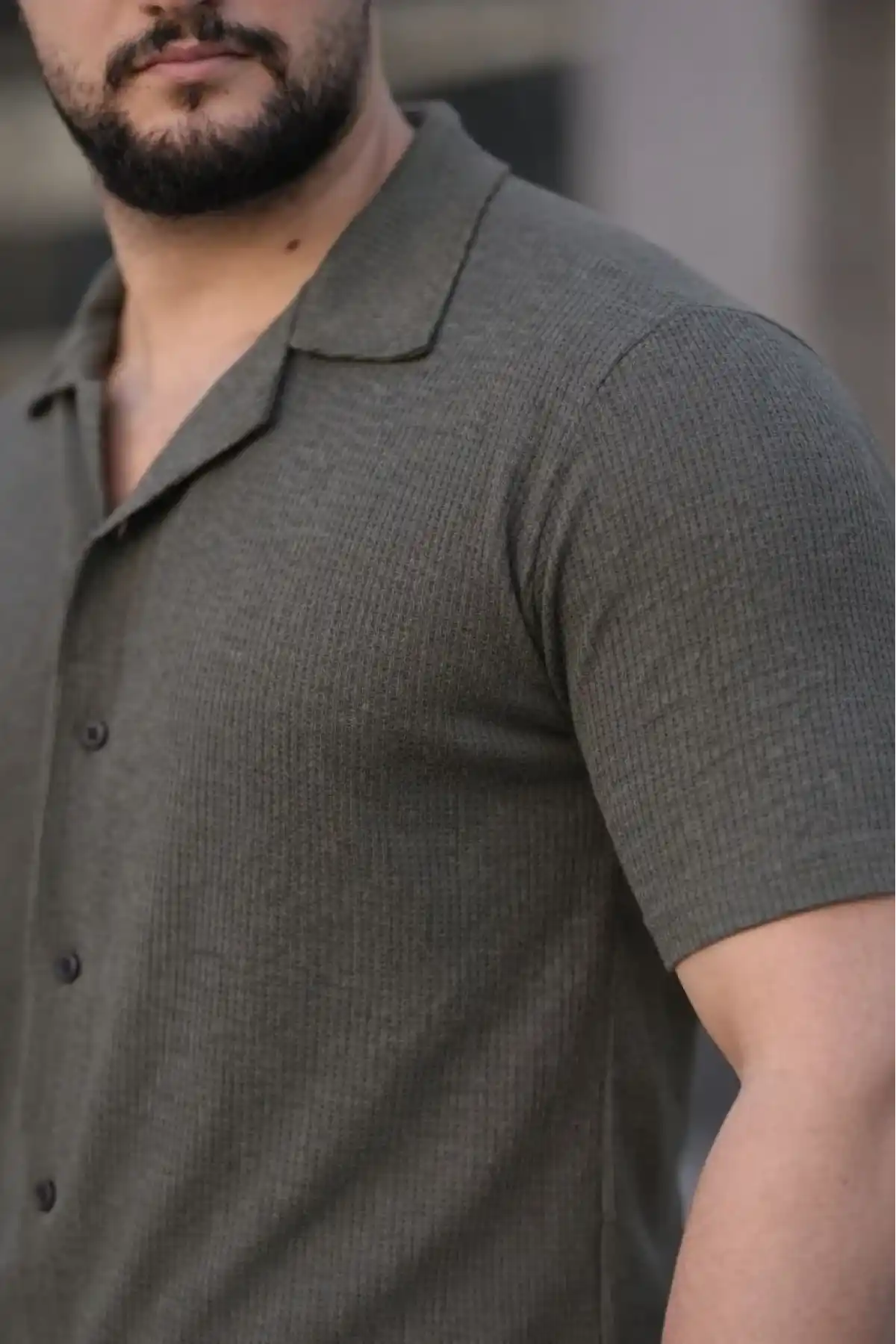 Erkek Waffle Dokuma Açık Yakalı Düğmeli Regular Kalıp 2’li Gömlek Seti - Haki & Bej