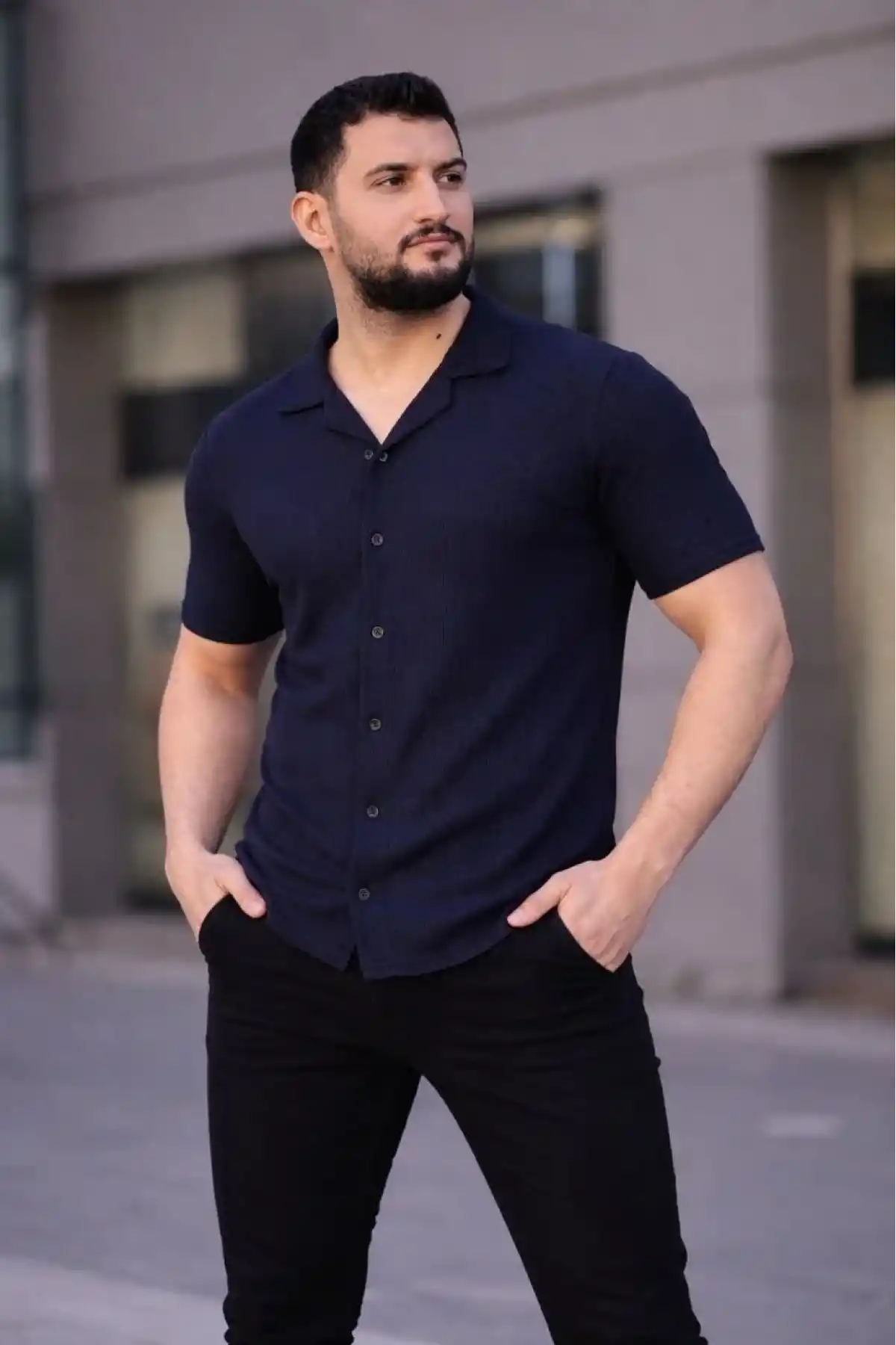 Erkek Waffle Kumaş Kısa Kollu Düğmeli Açık Yaka Regular Fit Gömlek - Lacivert