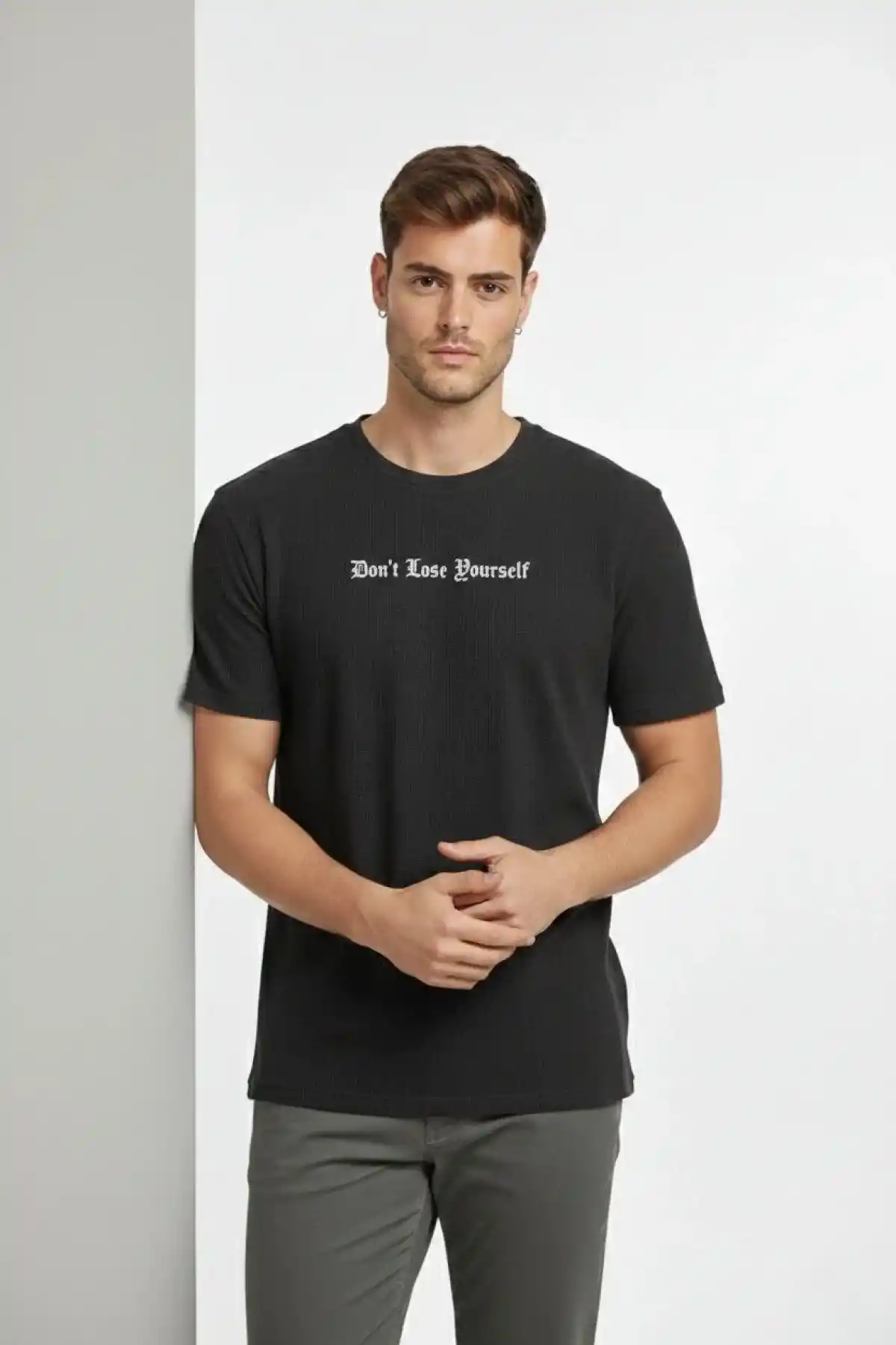 Erkek Wafıl Kumaş Tişört Regular Kalıp Bisiklet Yaka Baskılı Günlük Basic T-Shirt - Siyah