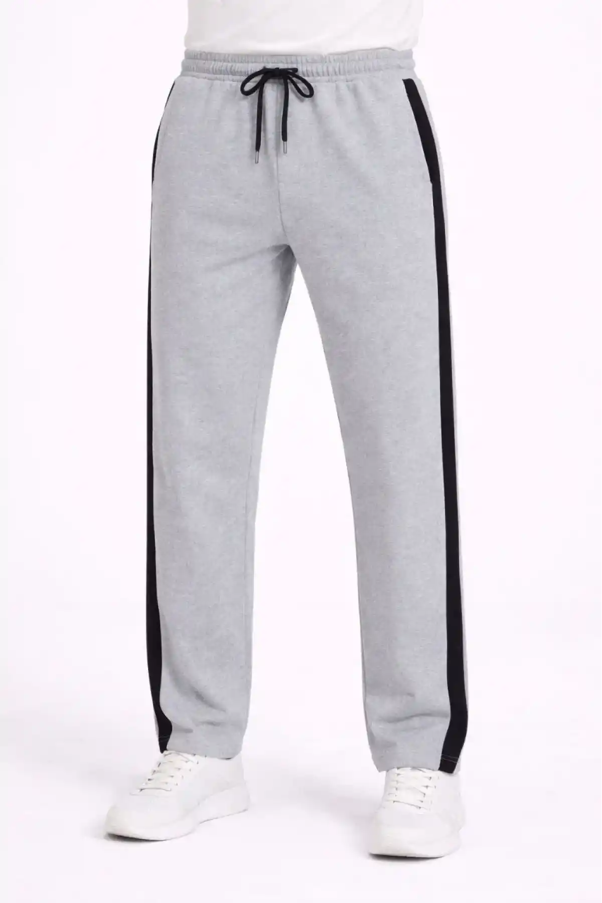 Erkek Yandan Şeritli Boru Paça Eşofman Altı 3 iplik Pamuklu Eşofman - Gri