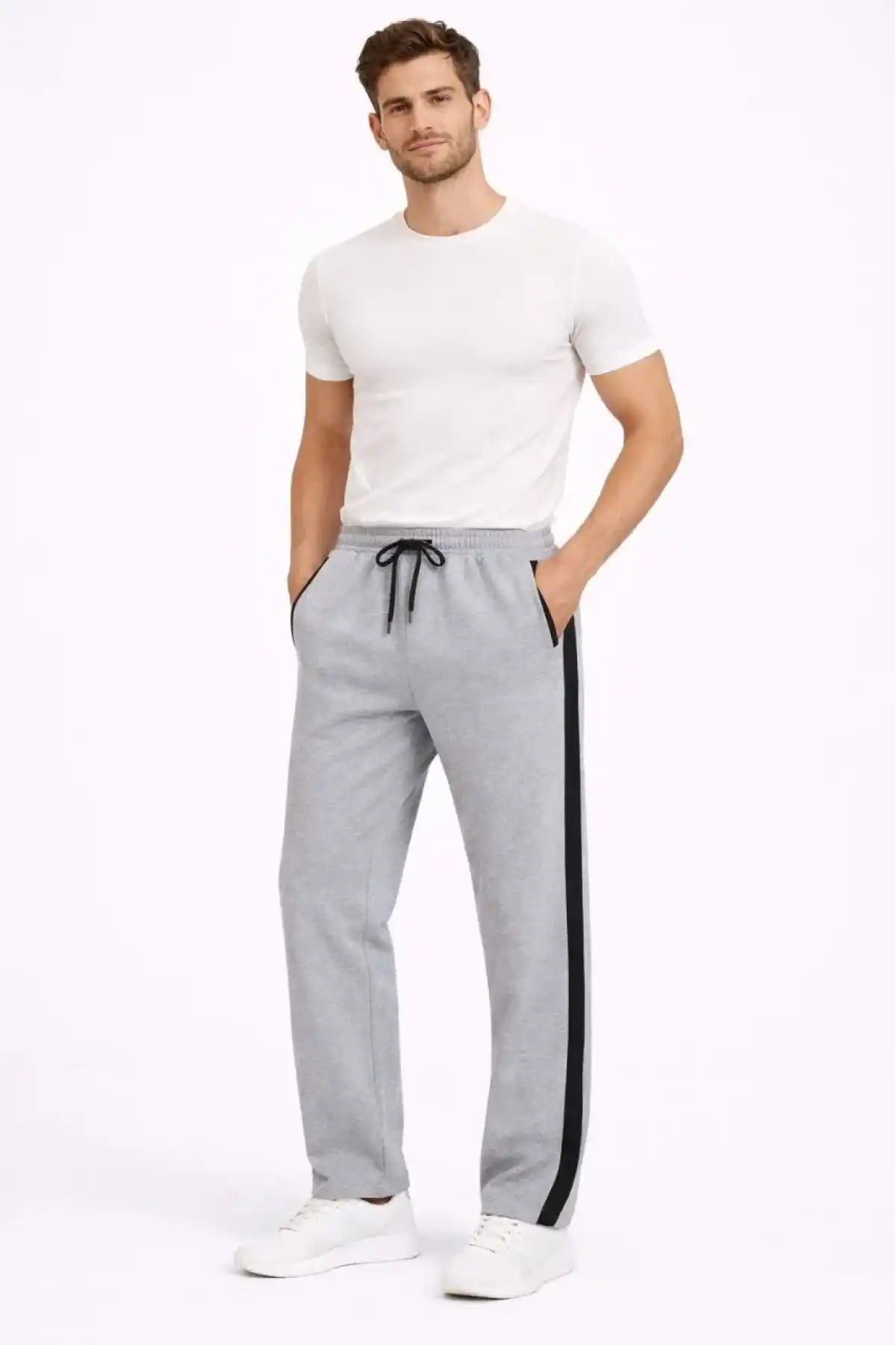 Erkek Yandan Şeritli Boru Paça Eşofman Altı 3 iplik Pamuklu Eşofman - Gri