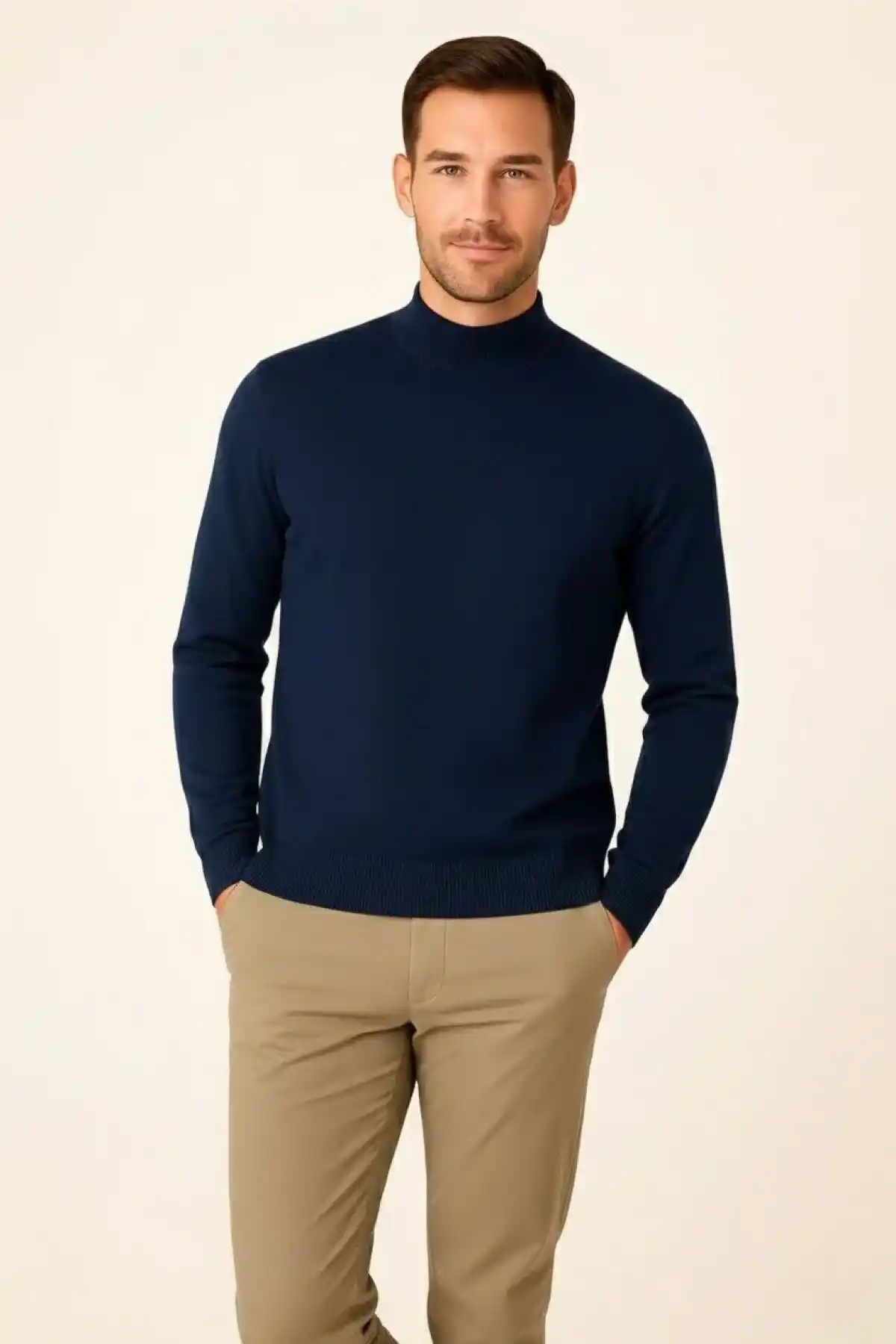 Erkek Yarım Boğaz Triko Kazak yumuşak dokulu Pamuklu ince Dokuma, uzun kollu Rahat Regular kalıp - Lacivert