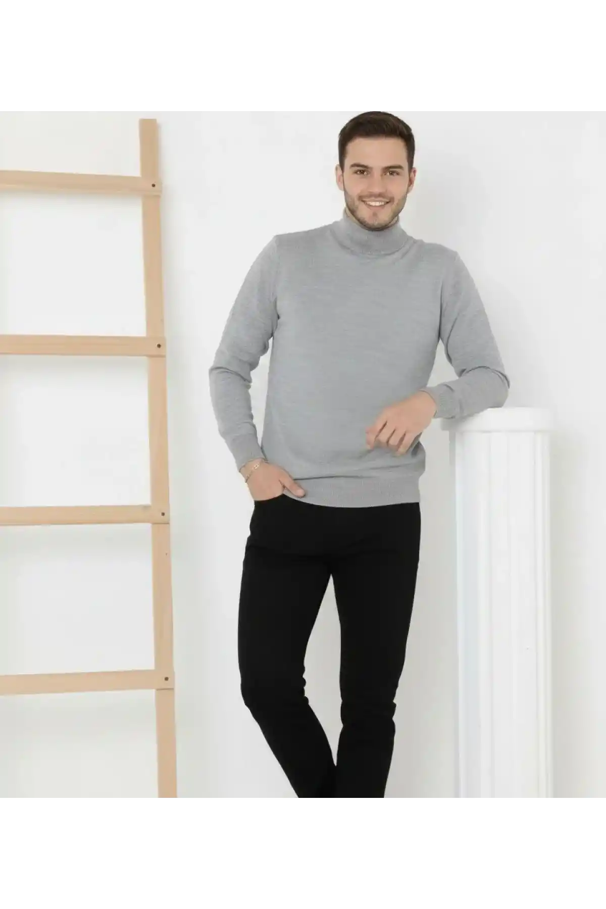 Erkek Yarım Boğaz Triko Kazak yumuşak dokulu Pamuklu ince Dokuma, uzun kollu Rahat Regular kalıp - Gri