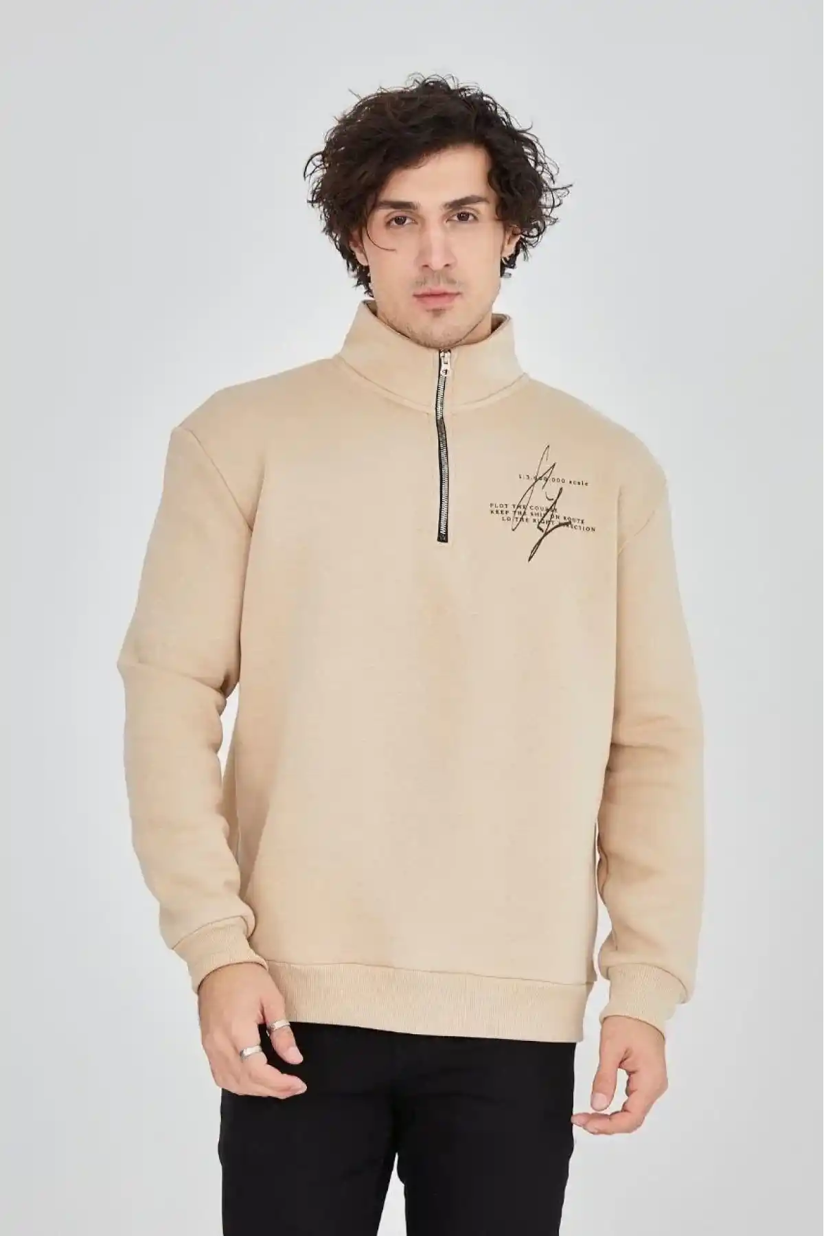 Erkek Yarım Fermuarlı Baskılı üç iplik pamuklu sweatshirt - Bej