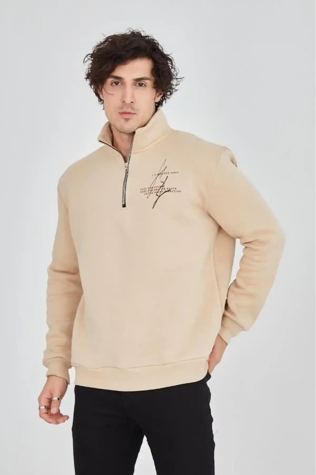 Erkek Yarım Fermuarlı Baskılı üç iplik pamuklu sweatshirt - Bej