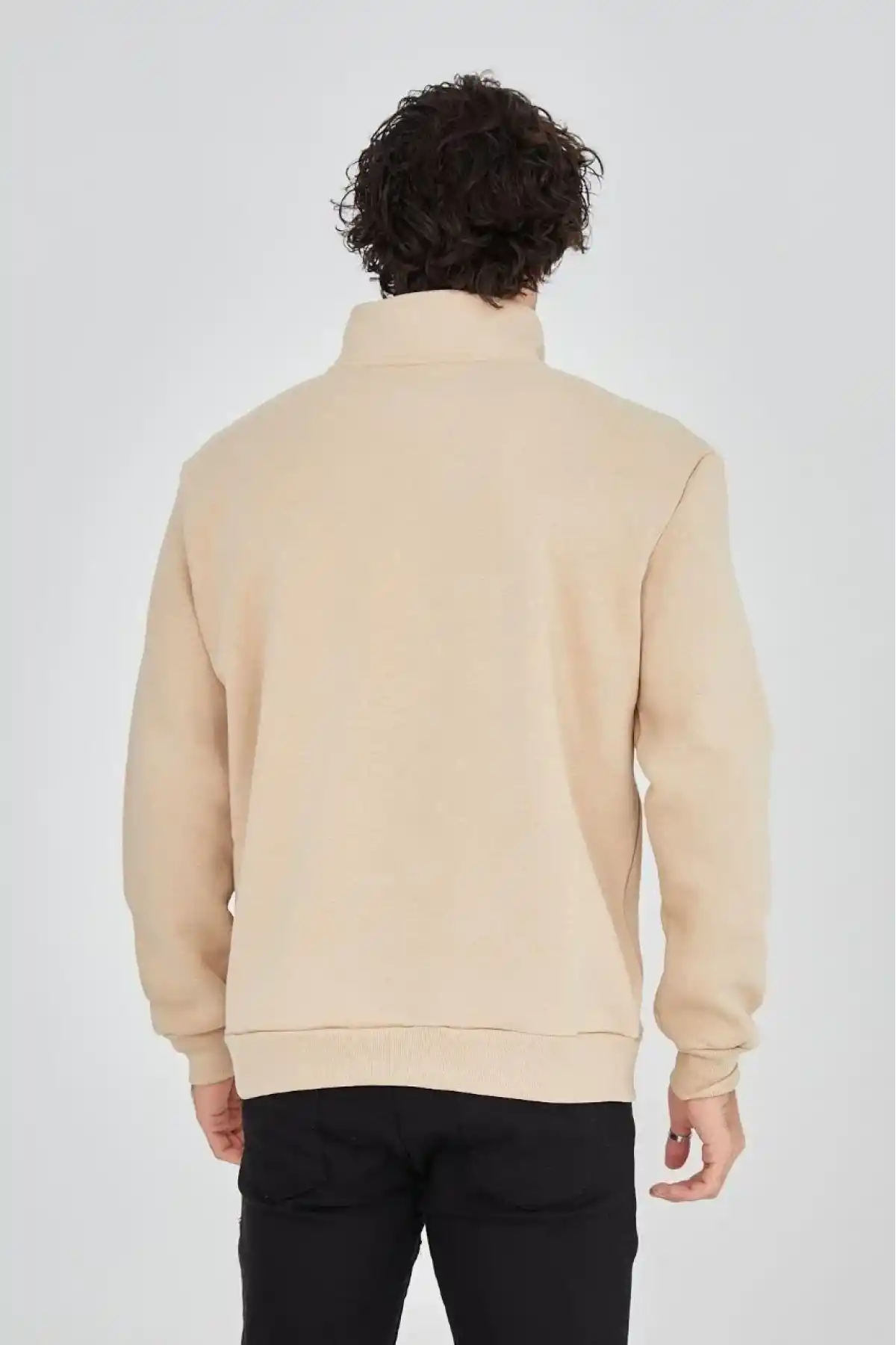 Erkek Yarım Fermuarlı Baskılı üç iplik pamuklu sweatshirt - Bej