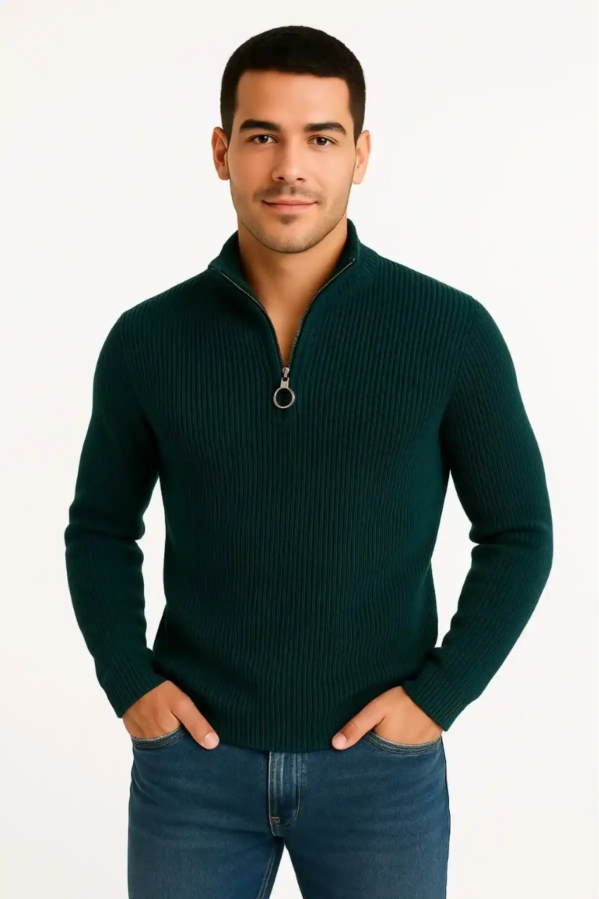 Erkek Yarım Fermuarlı Triko Kazak – Selanik Örgü, Dik Yaka, Pamuklu Dokuma, Regular Fit Uzun Kollu Kışlık Model - Haki