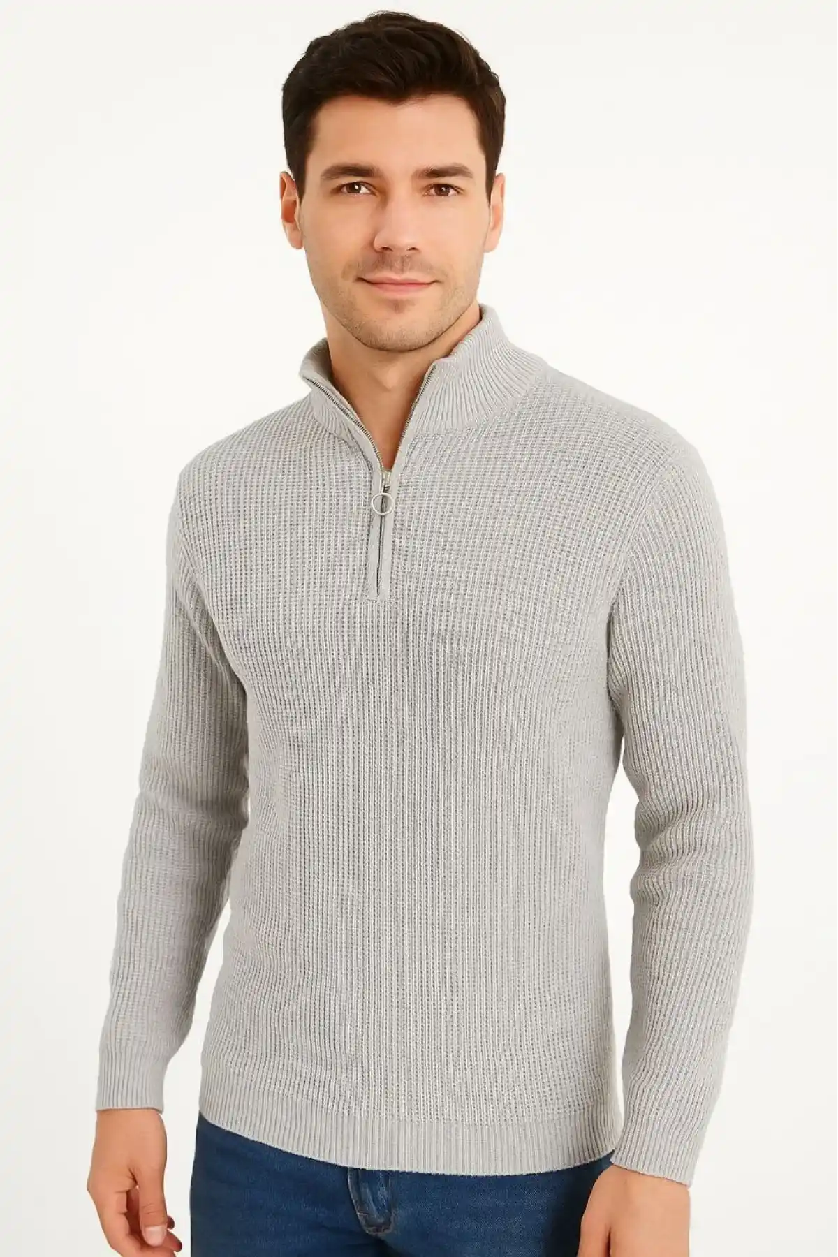 Erkek Yarım Fermuarlı Triko Kazak – Selanik Örgü, Dik Yaka, Pamuklu Dokuma, Regular Fit Uzun Kollu Kışlık Model - Gri