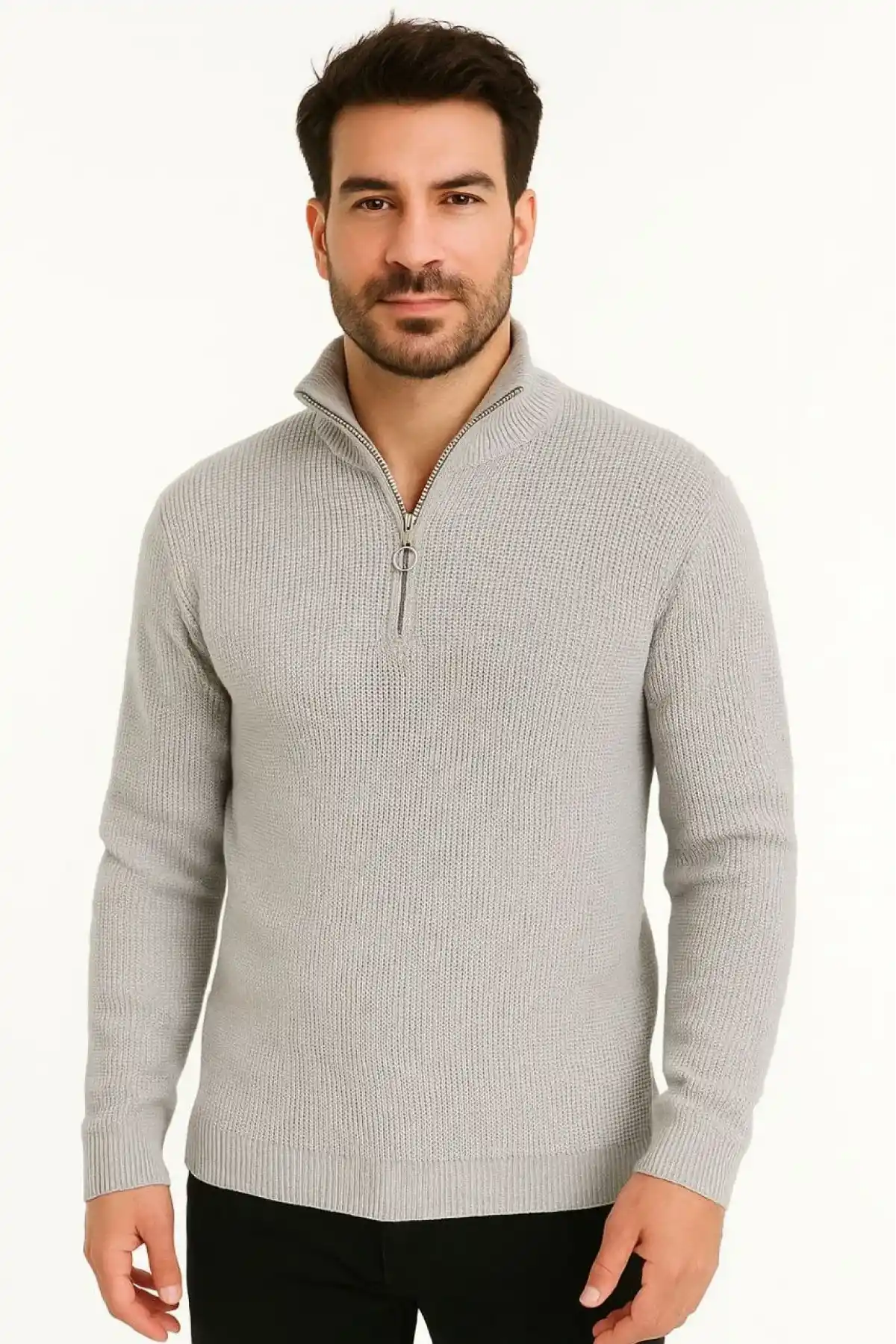 Erkek Yarım Fermuarlı Triko Kazak – Selanik Örgü, Dik Yaka, Pamuklu Dokuma, Regular Fit Uzun Kollu Kışlık Model - Gri