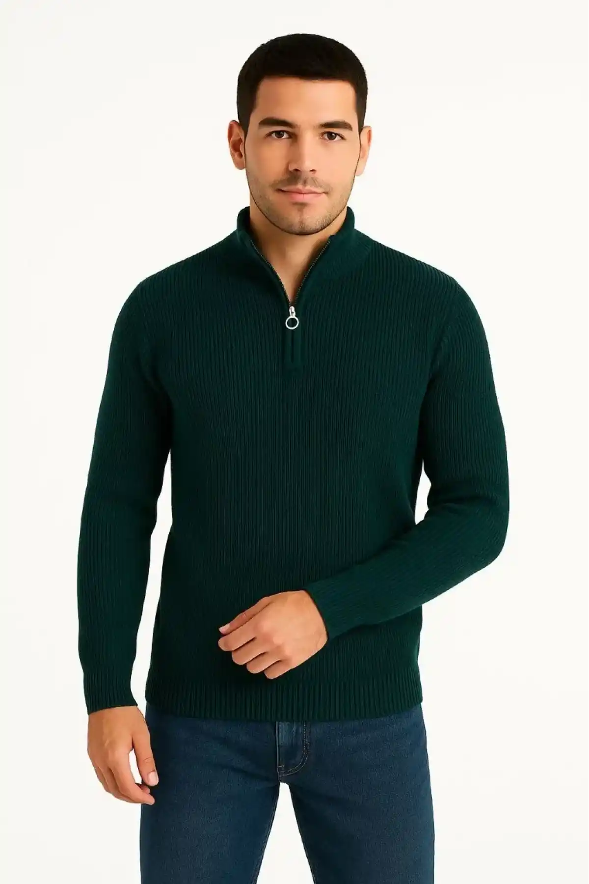 Erkek Yarım Fermuarlı Triko Kazak Selanik Örgü Dik Yaka Pamuklu Dokuma Regular Fit - Haki