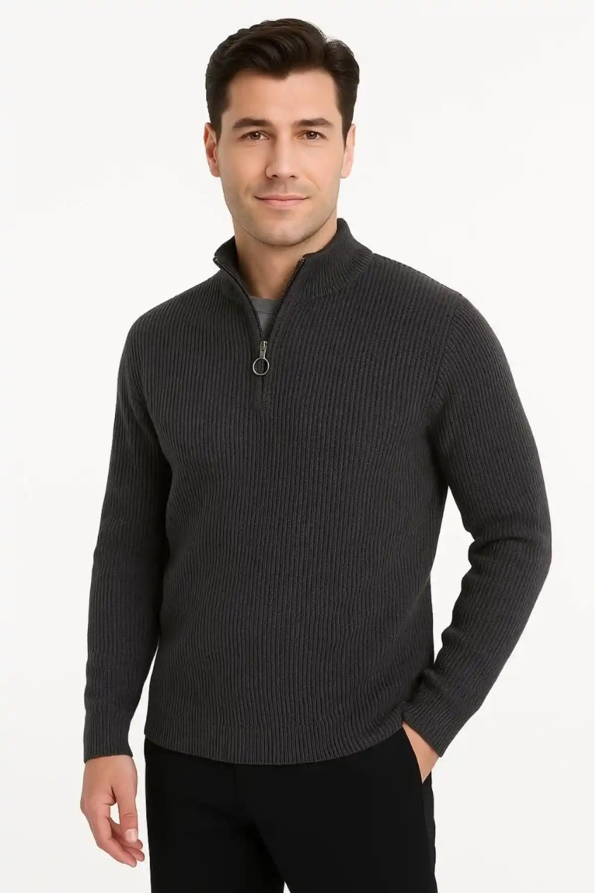 Erkek Yarım Fermuarlı Triko Kazak Selanik Örgü Dik Yaka Pamuklu Dokuma Regular Fit - Füme