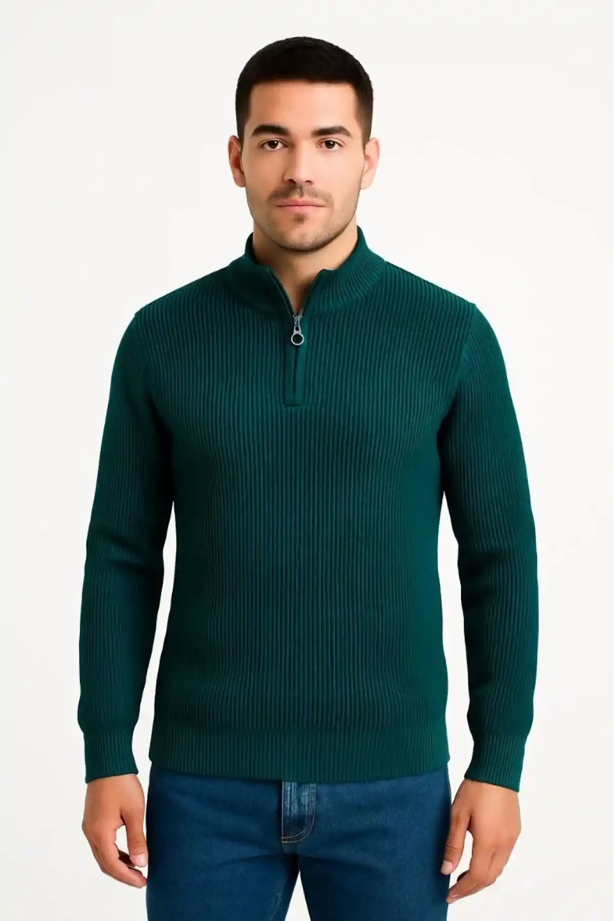 Erkek Yarım Fermuarlı Triko Kazak Selanik Örgü Dik Yaka Pamuklu Dokuma Regular Fit - Haki