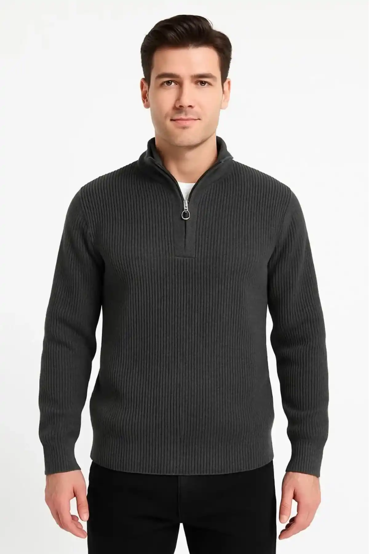 Erkek Yarım Fermuarlı Triko Kazak Selanik Örgü Dik Yaka Pamuklu Dokuma Regular Fit - Füme