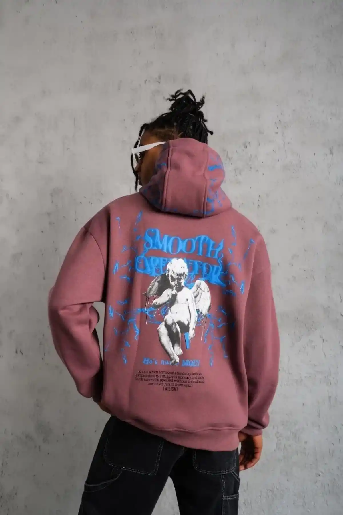 Erkek 3 İplik Pamuklu Kapüşonlu Baskılı Cepli Sweatshirt Hoodie - Gül Kurusu