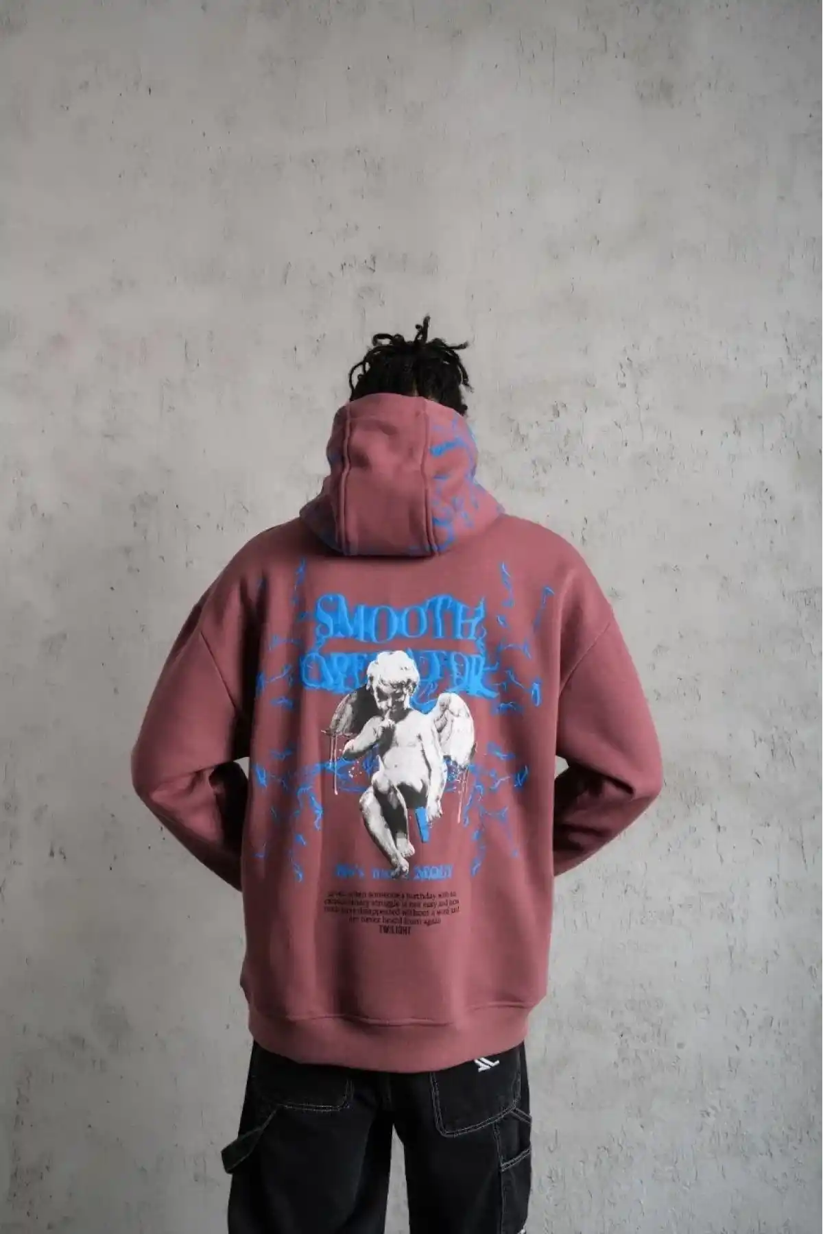 Erkek 3 İplik Pamuklu Kapüşonlu Baskılı Cepli Sweatshirt Hoodie - Gül Kurusu