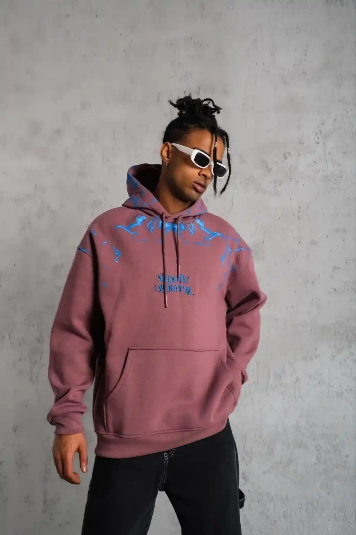 Erkek 3 İplik Pamuklu Kapüşonlu Baskılı Cepli Sweatshirt Hoodie - Gül Kurusu