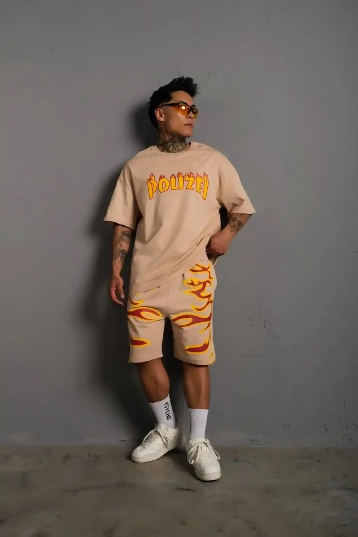 Erkek Alev Baskılı İkili Şortlu Takım - Bej