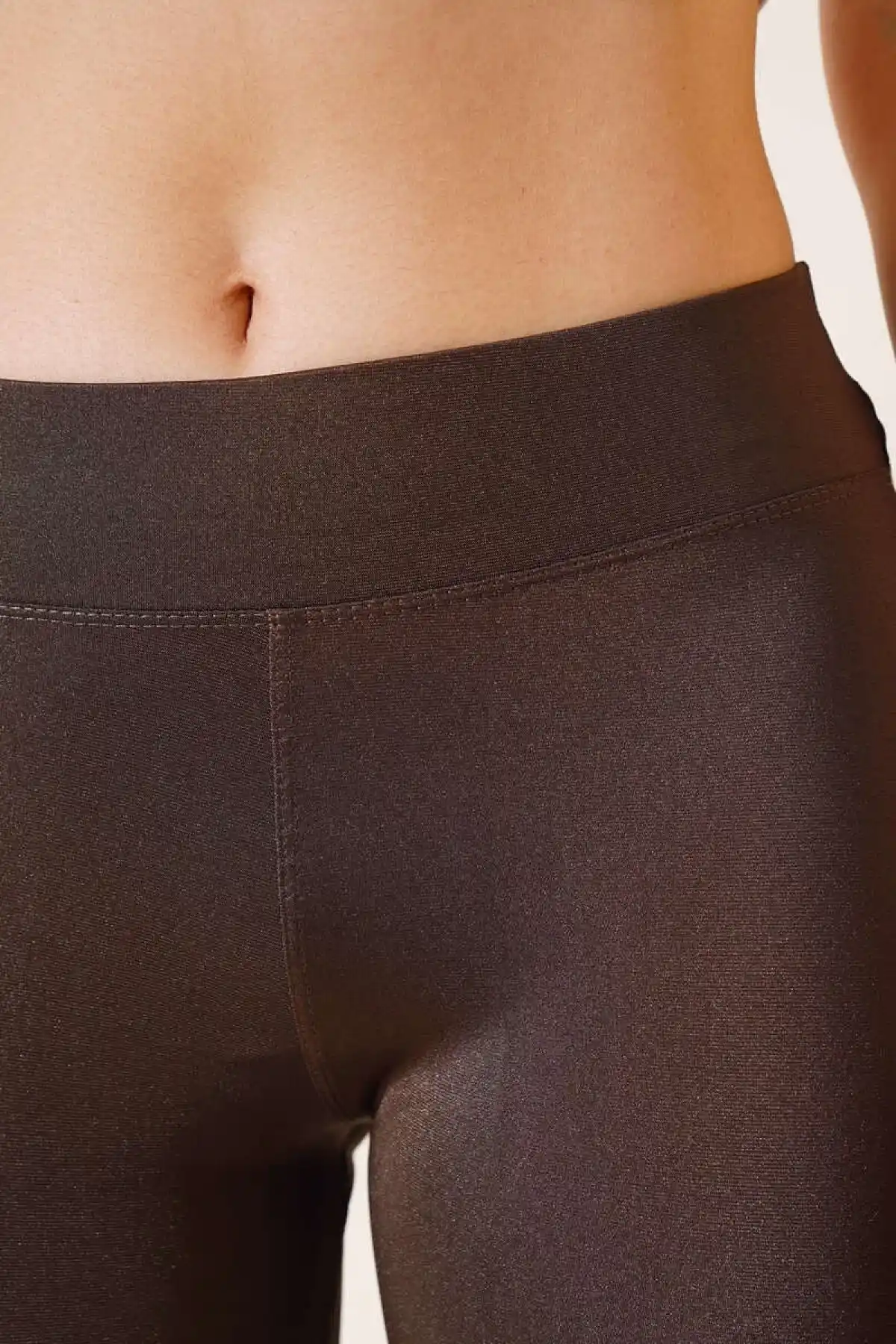 Esnek Yüksek Bel Kahverengi Uzun Parlak Disco Tayt ( GC )