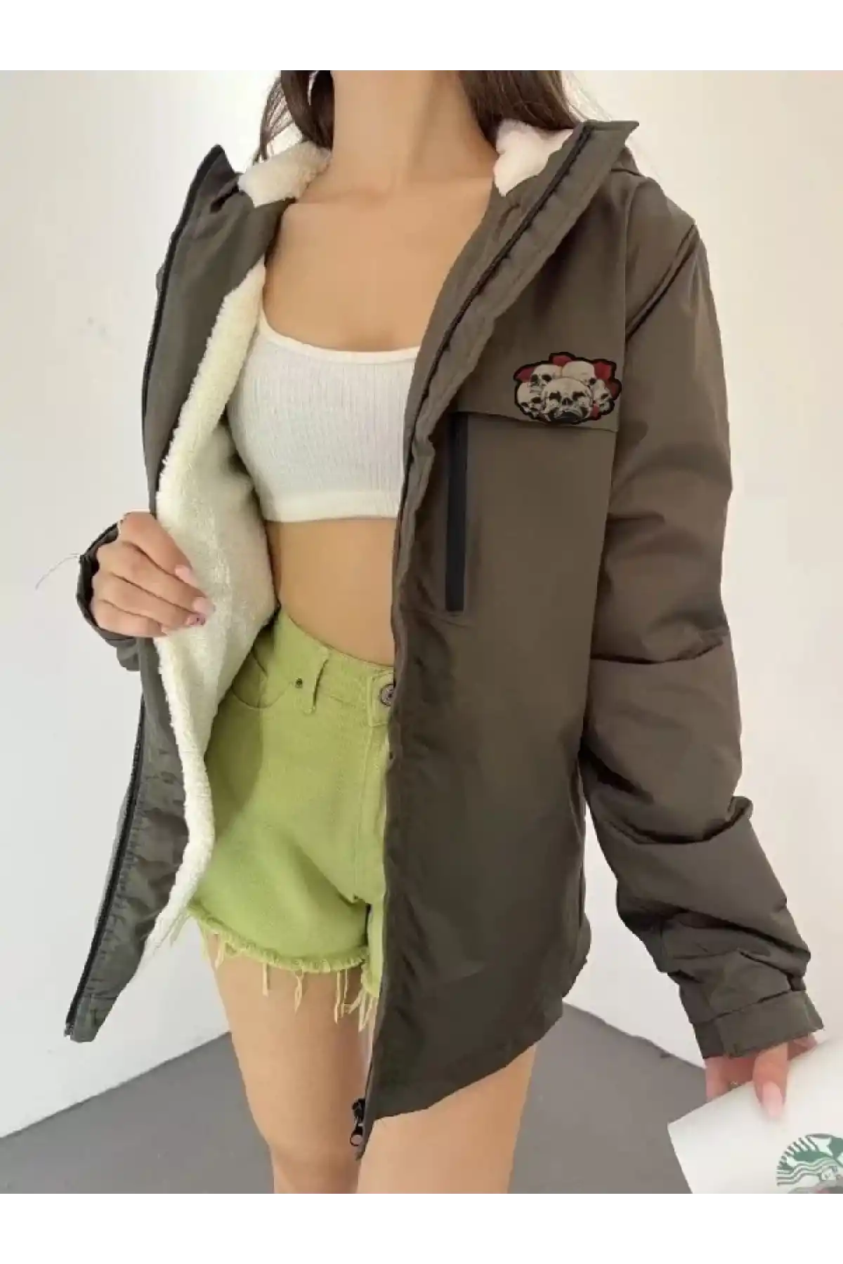 Fermuarlı Uzun Kol  Kapüşonlu İçi Kürklü Mont - Kahverengi