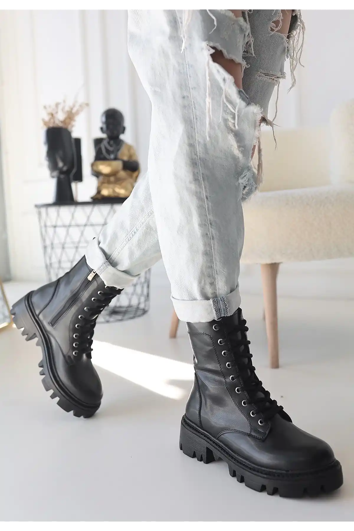 Flona Siyah Cilt Bağcıklı Bot - GC