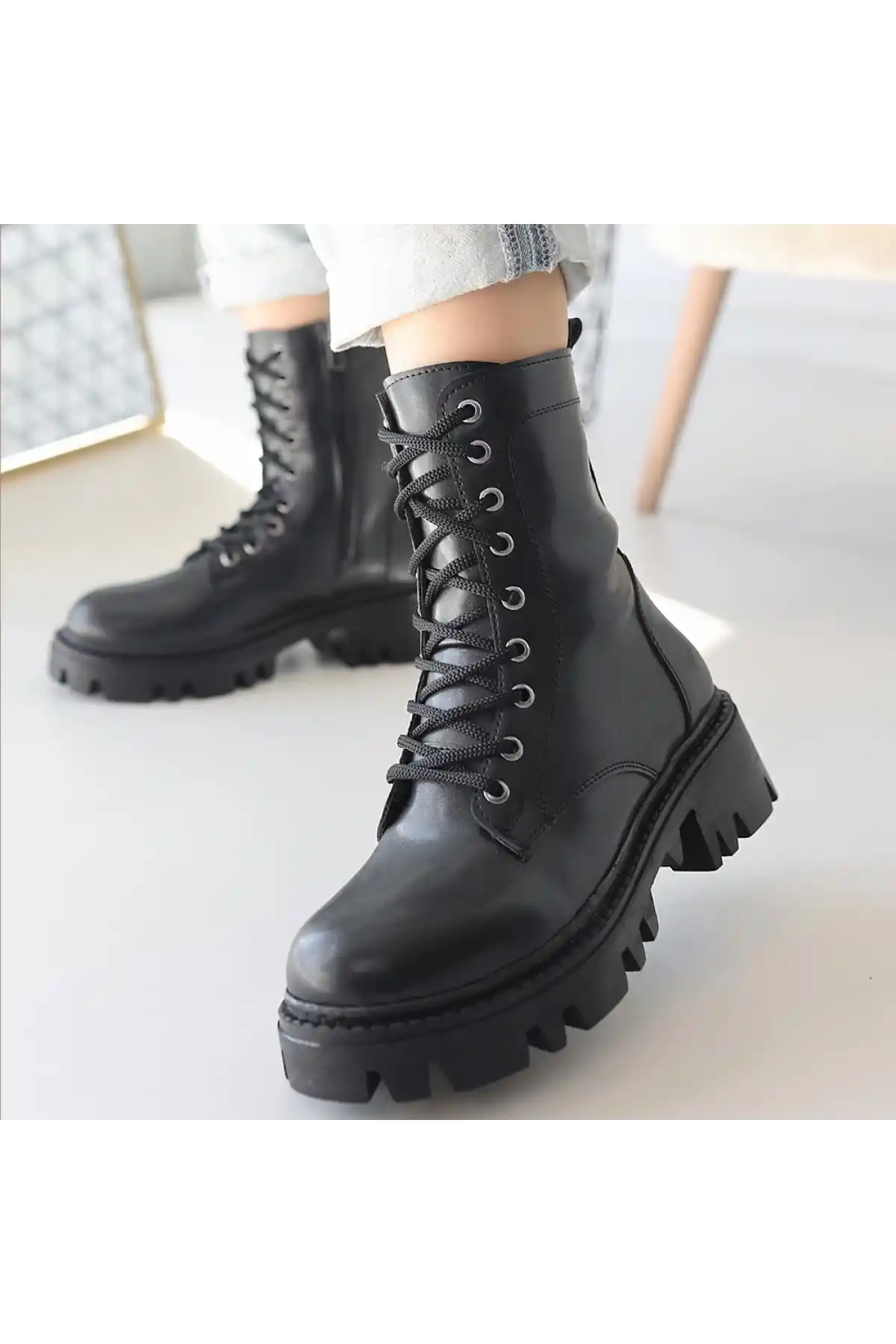 Flona Siyah Cilt Bağcıklı Bot - GC
