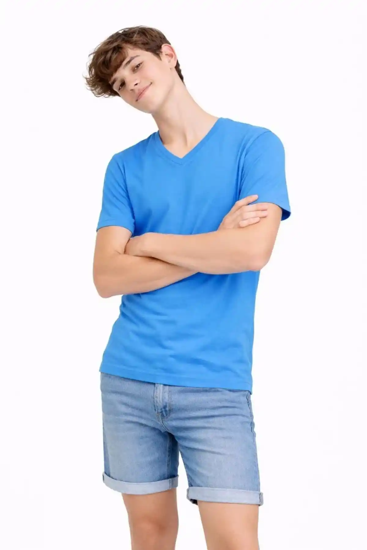 Genç Erkek Çocuk V Yaka Tişört Model - Açık Mavi