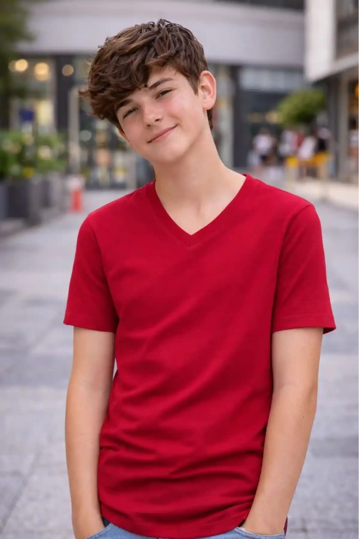 Genç Erkek Çocuk V Yaka Tişört Model - Bordo