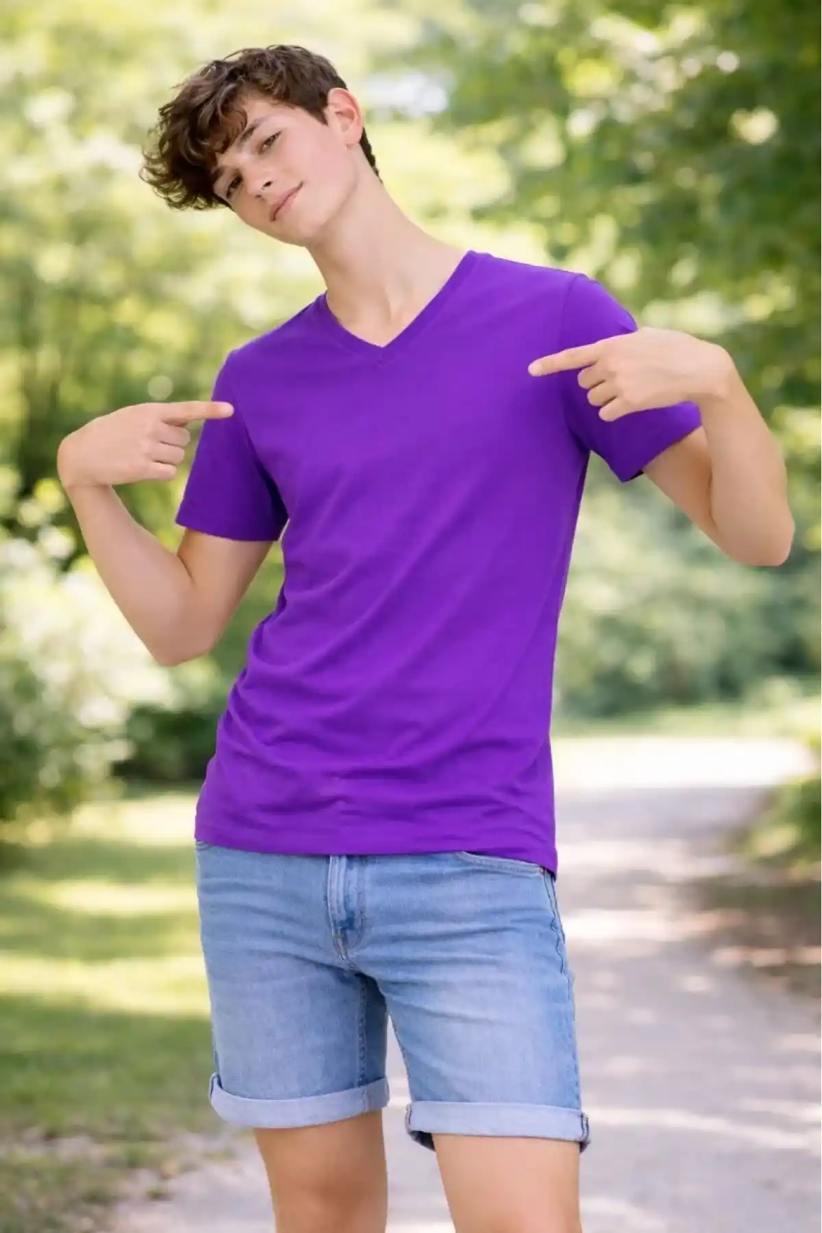 Genç Erkek Çocuk V Yaka Tişört Model - Mor