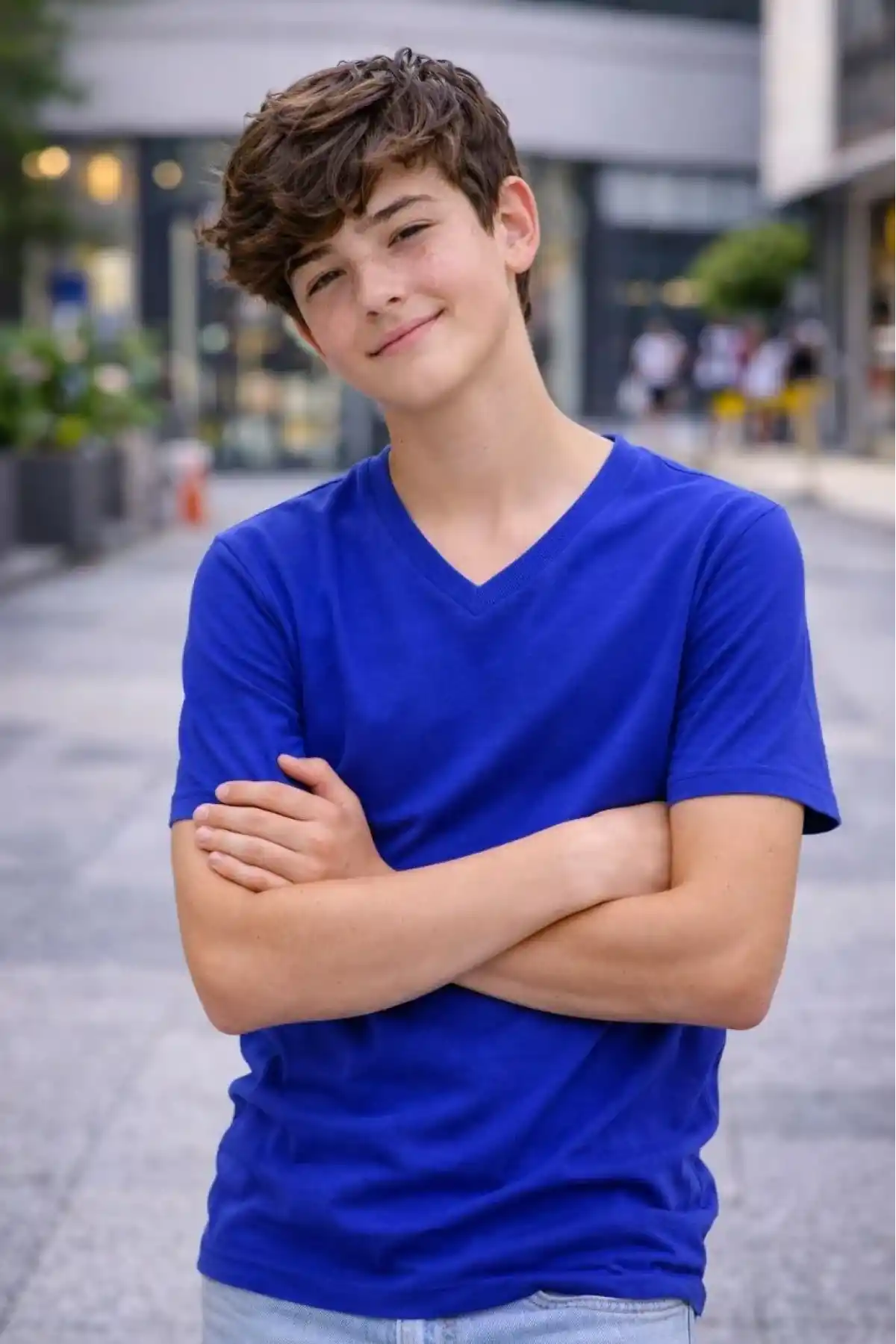 Genç Erkek Çocuk V Yaka Tişört Model - Saks Mavisi