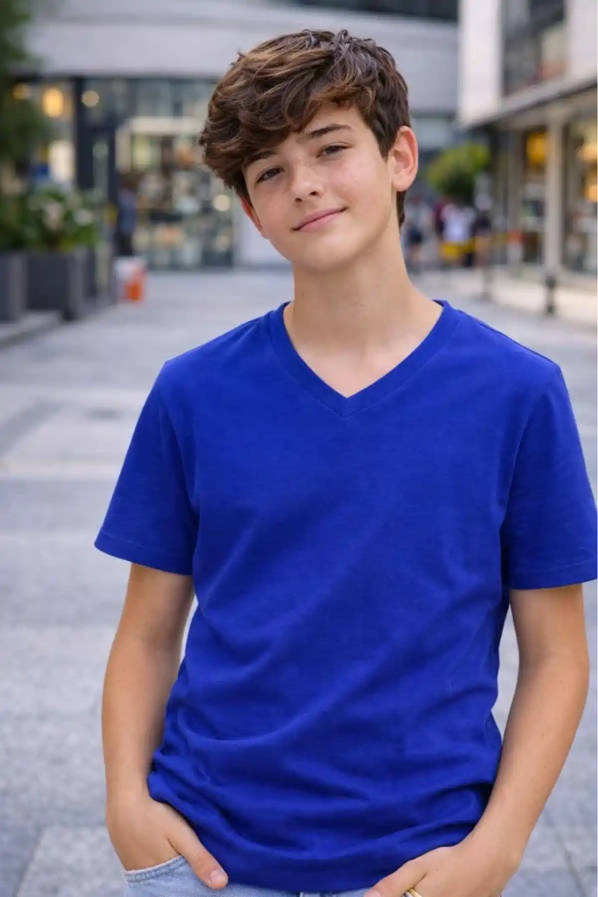 Genç Erkek Çocuk V Yaka Tişört Model - Saks Mavisi