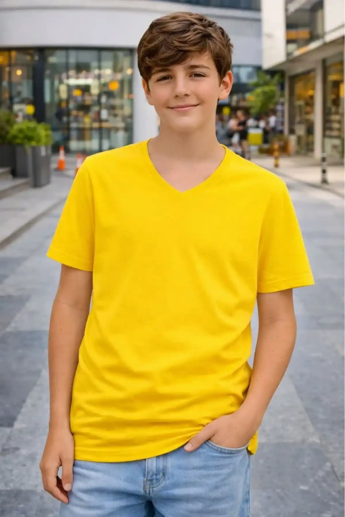 Genç Erkek Çocuk V Yaka Tişört Model - Sarı