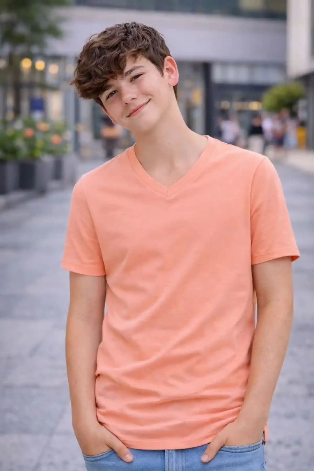 Genç Erkek Çocuk V Yaka Tişört Model - Toz Pembe